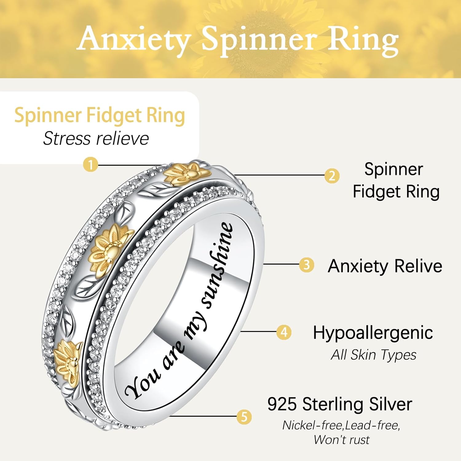 Anxiety Rings for Women Sterling Silver Spinner Fidget Rings for Anxiety Women