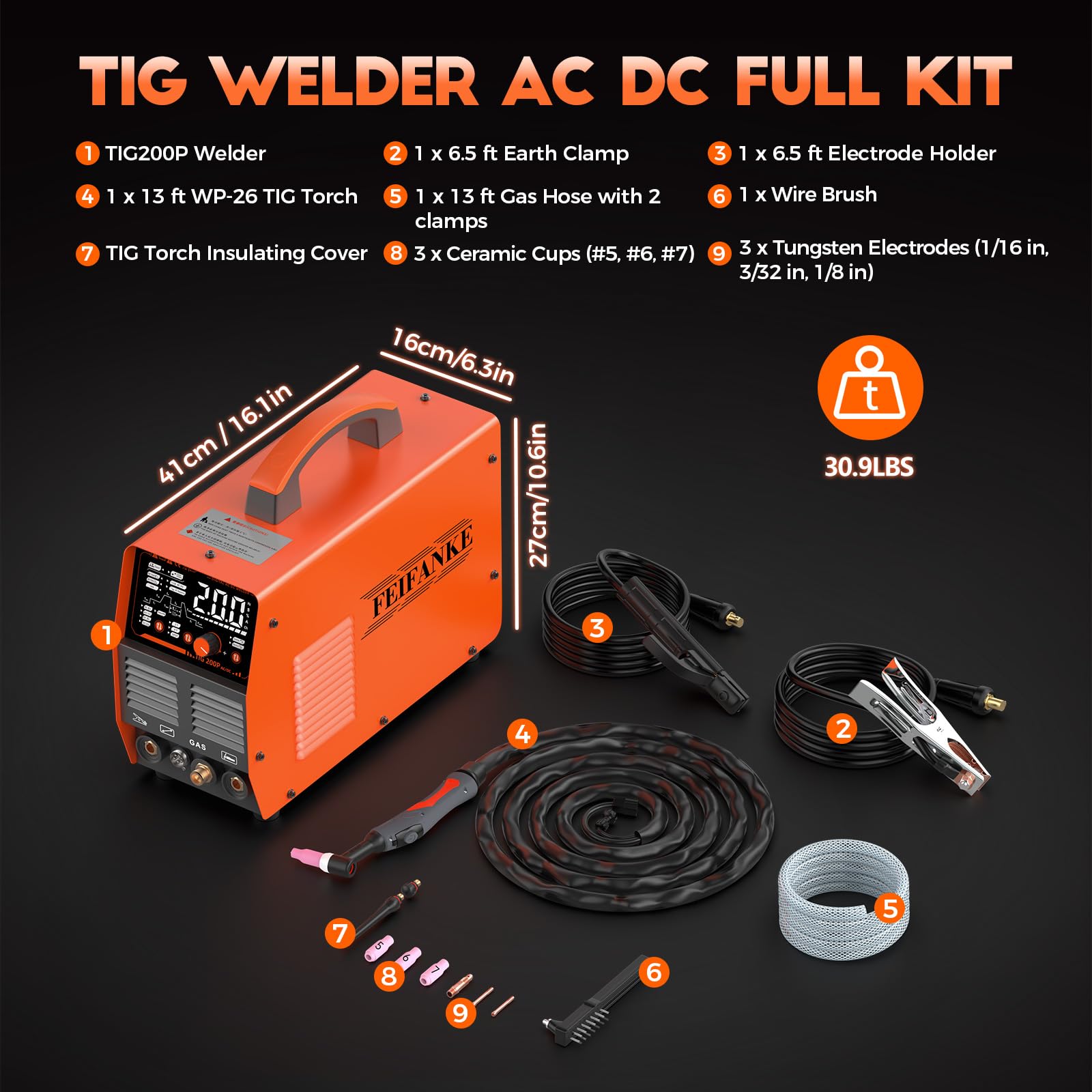 FEIFANKE Soldador TIG AC DC 240V 200A Inverter Máquina de soldar IGBT Pulso Aluminio Soldador 7 en 1 Soldador ARC con Pantalla LED Digital y Antorcha TIG WP26 para Acero Inoxidable Aluminio