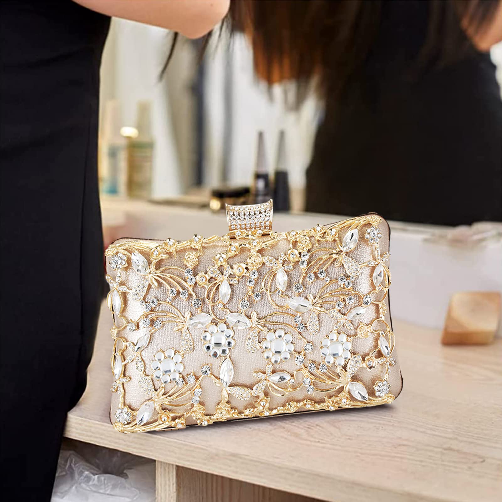 CORIOS Bolsa de Noche para Mujer Diamantes de Imitación Clutch Bolso de Fiesta Bolsos Bandolera con Cadena Bolso de Hombro para Fiesta de Graduación Banquete Boda Dorado