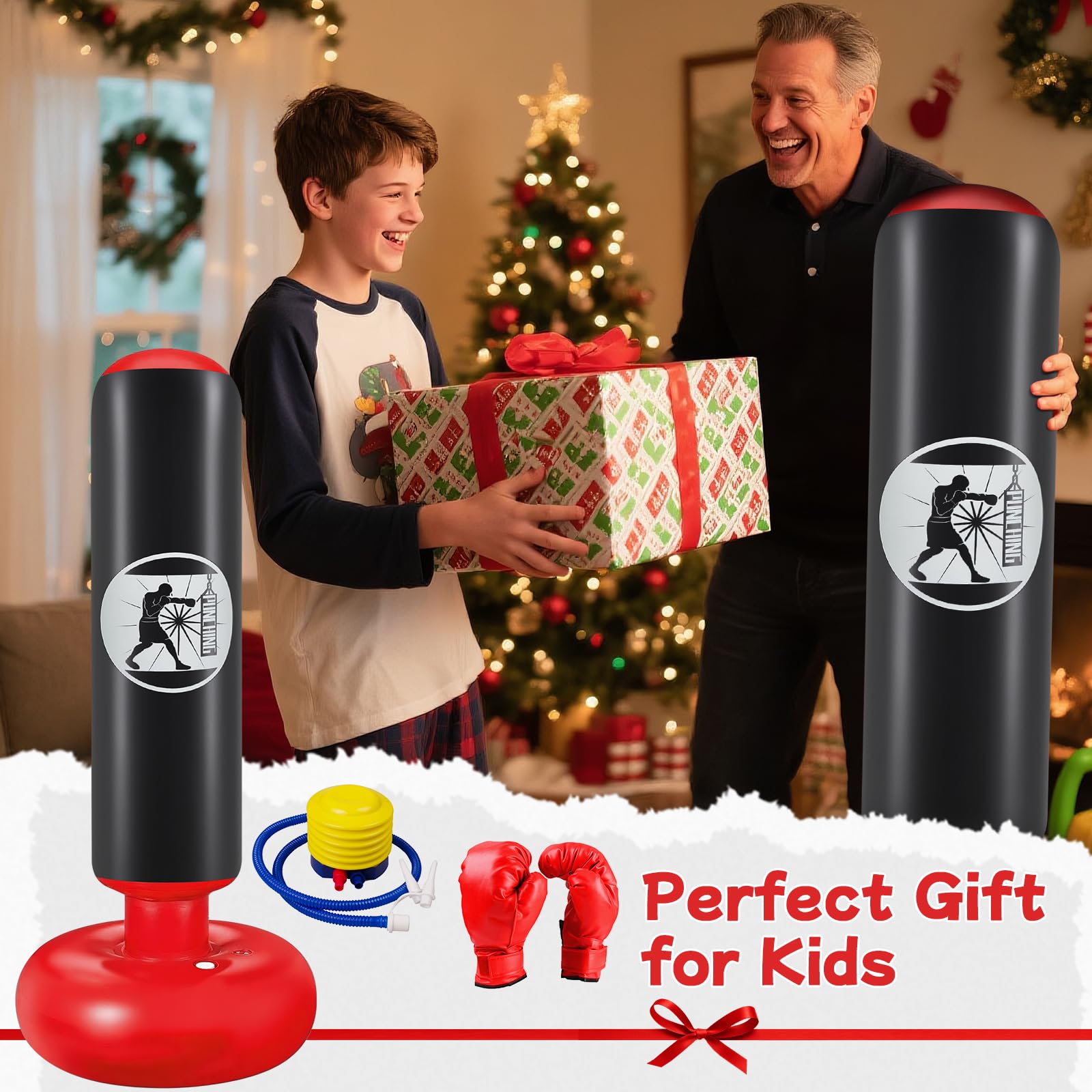 Ninonly Sac de Boxe Enfant 160cm Gonflable avec Pompe et Gants, Set Punching Ball Cadeau 3-12 Ans