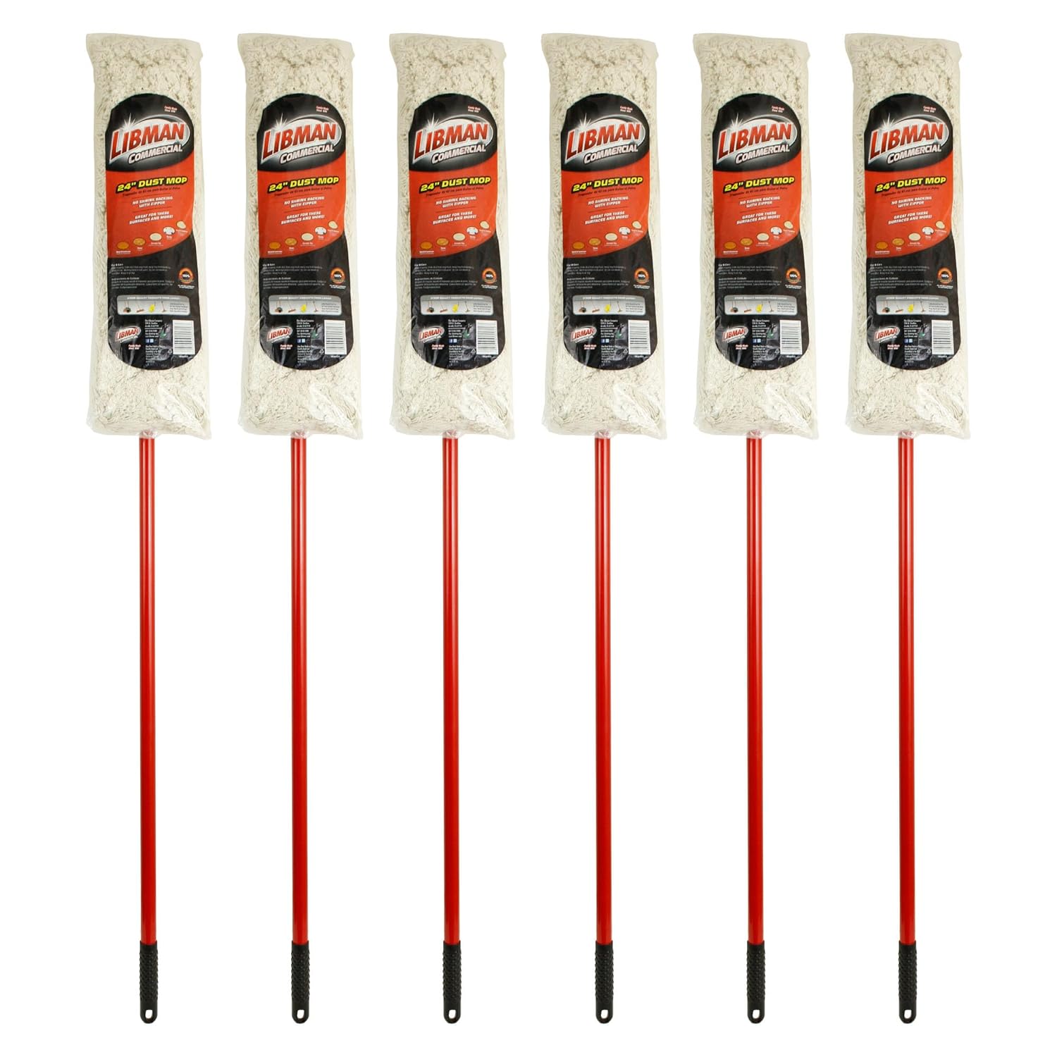 Libman Commercial 922 24" Dust Mop, 100% Cotton, 24" x 5" mop Head, Red and White (Pack of 6)