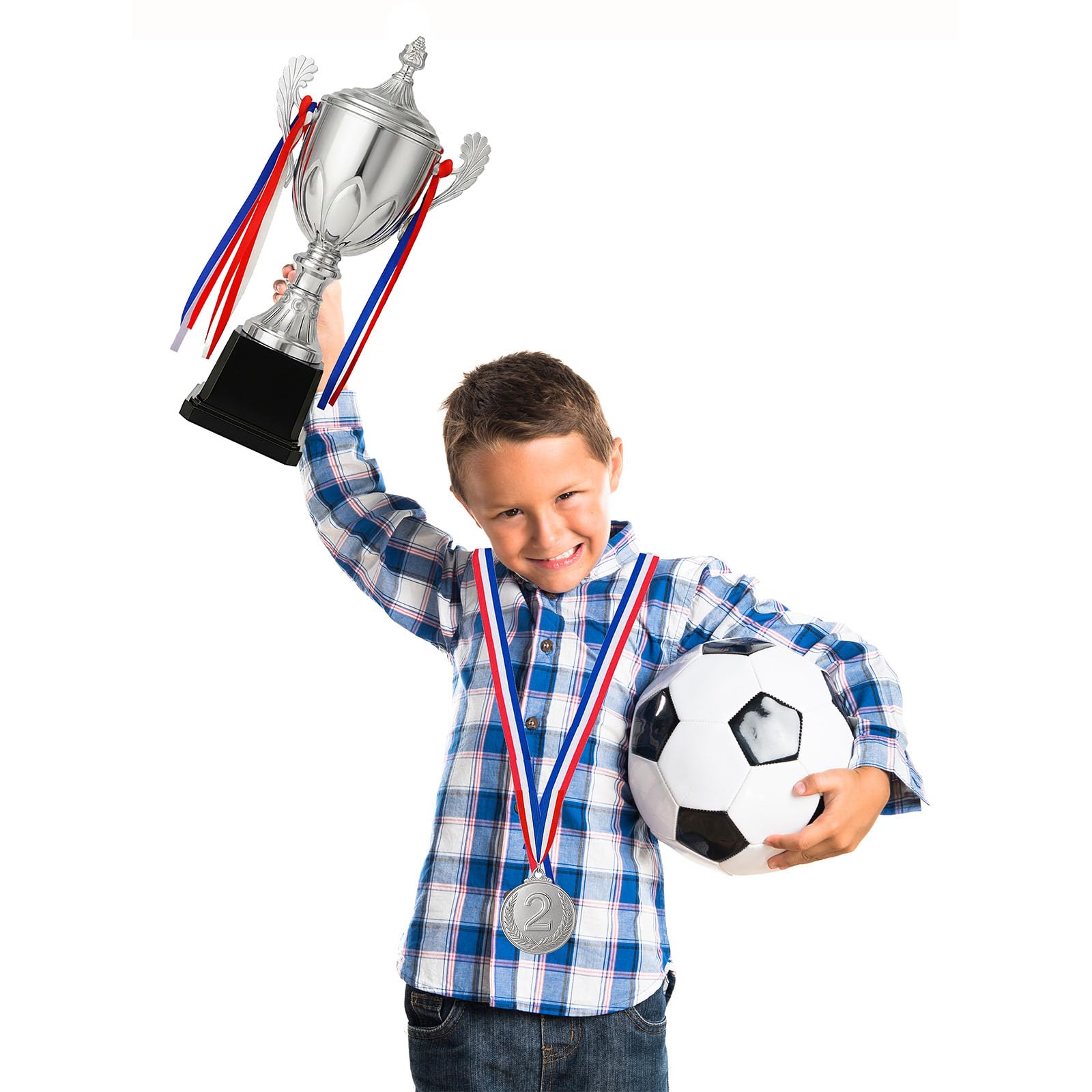 Trofeo premio grande 41,5 cm, coppa e medaglie premio con nastro, per bambini e adulti, per sport, competizioni, tornei (argento)
