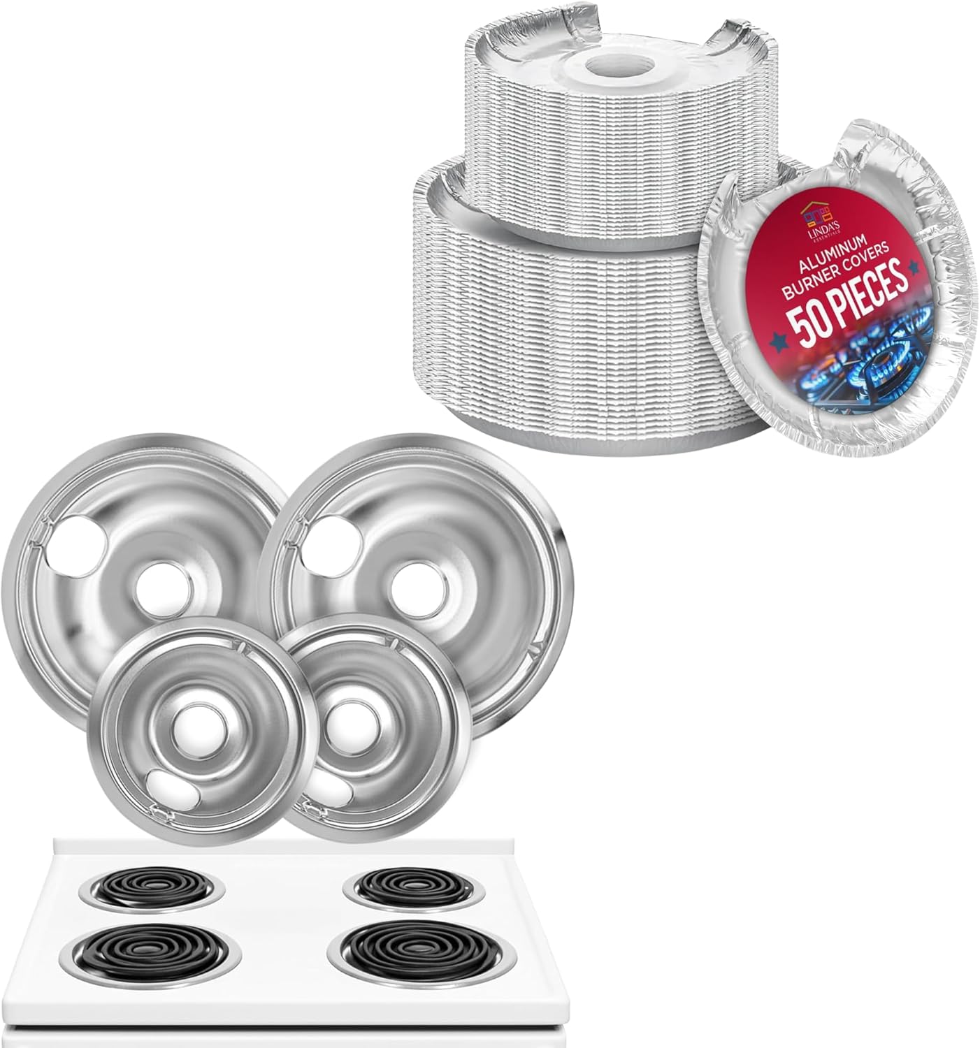 Aluminum Electric Stove Burner Covers (50 Pack) and Electric Stove Drip Pans Set of 4 (2 x 6-Inch & 2 x 8-Inch) Compatible with WB31T10010 & WB31T10011, Bundle