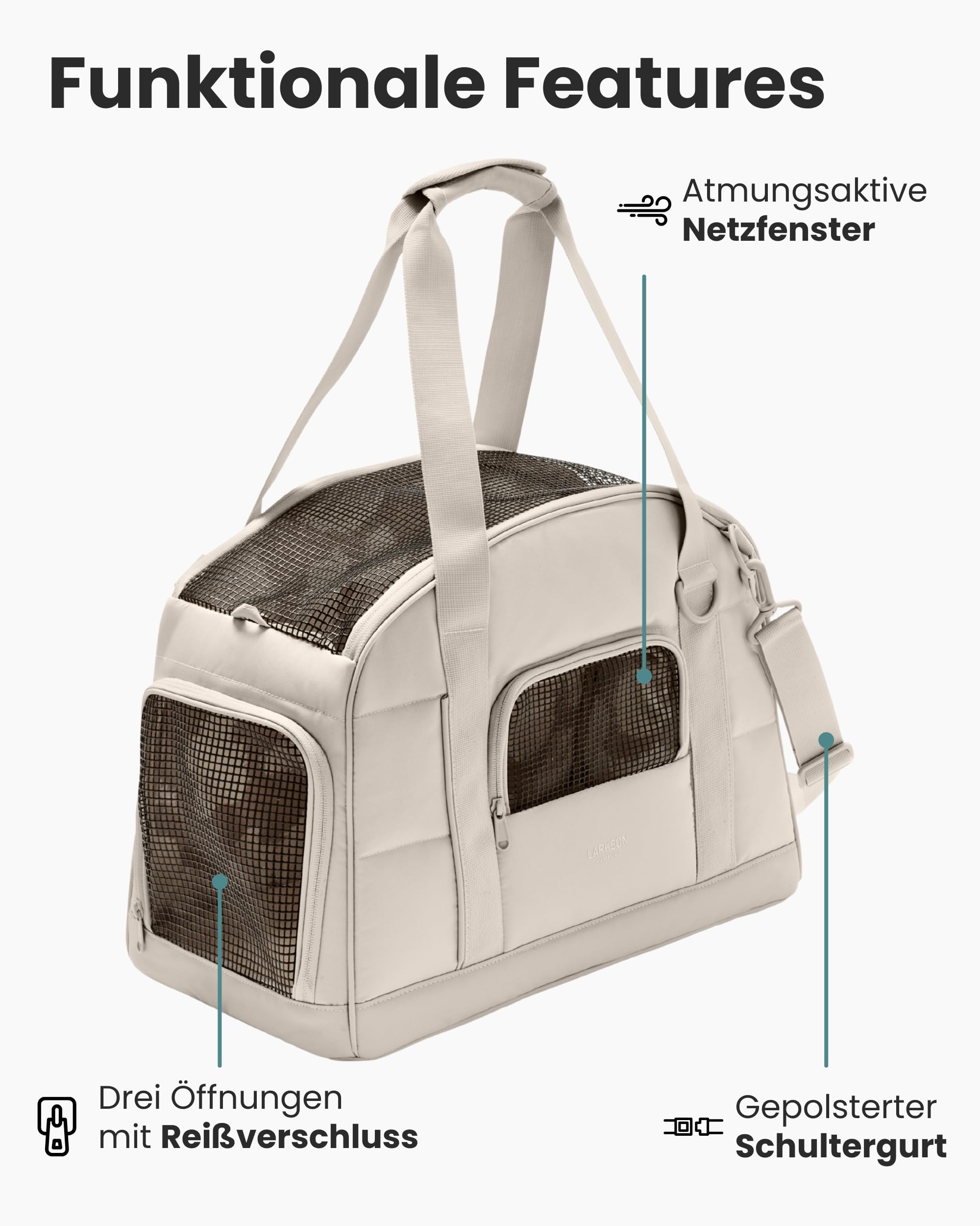 Larkson Hundetransportbox für Kleine Hunde bis 12kg Beige - Tjark - Hundetasche fürs Flugzeug - Transporttasche für Reisen mit Hund & Katze - Entspricht Vorgaben der meisten Airlines
