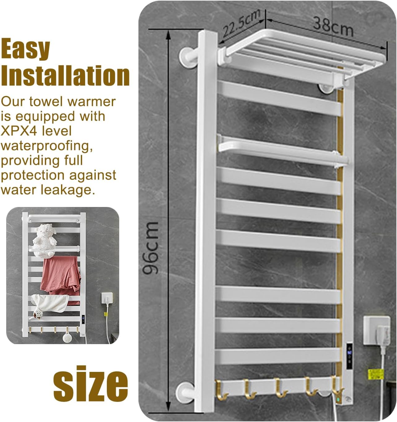 壁掛け式加熱タオルレール、自立式電気タオルウォーマー、収納棚付き、スマートタッチ、温度制御調整、タイマー、LEDインジケーター、穴を