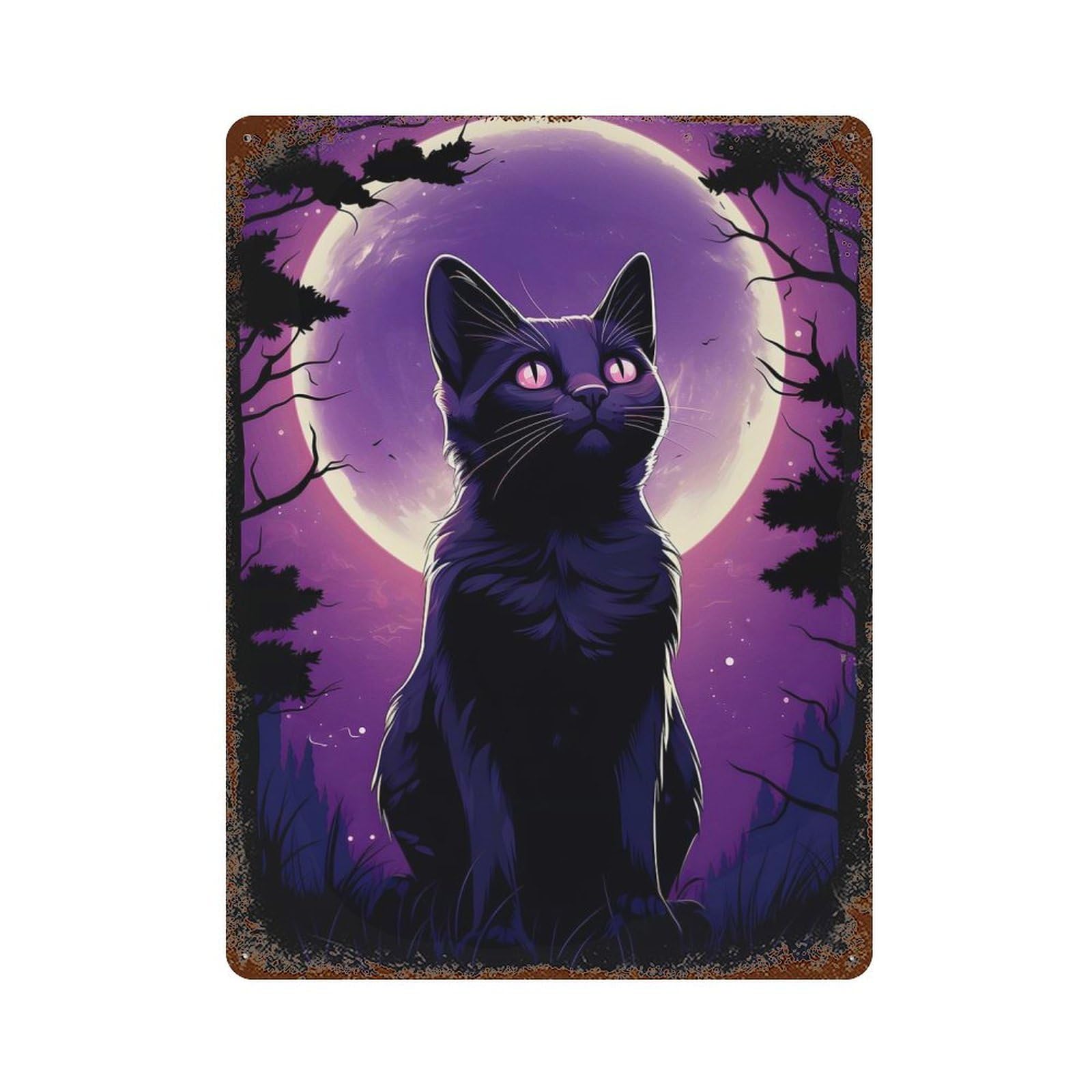 Siluet Cat Moonlight Vintage Rust Metal Sign 15.7"x11.8", Shabby Chic Decor for Living Room, Hallway And Home Decor