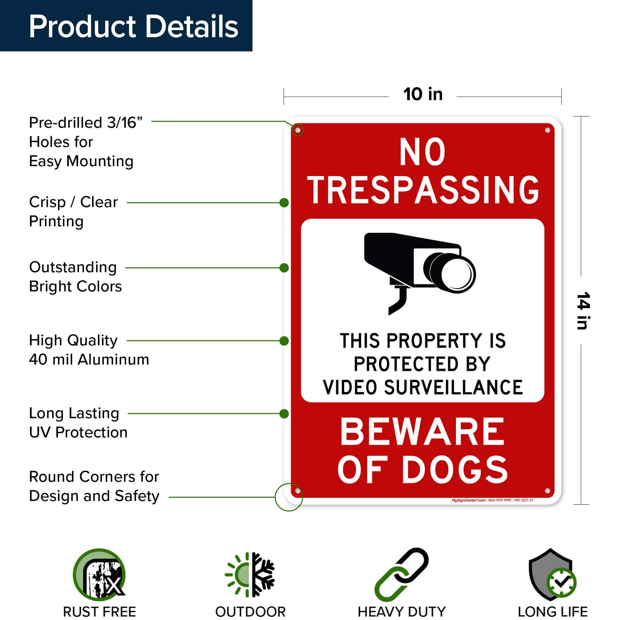 Beware Of Dog & No Trespassing Sign 2-Pack - 7x10 Inch Aluminum Signs With Video Surveillance Warning