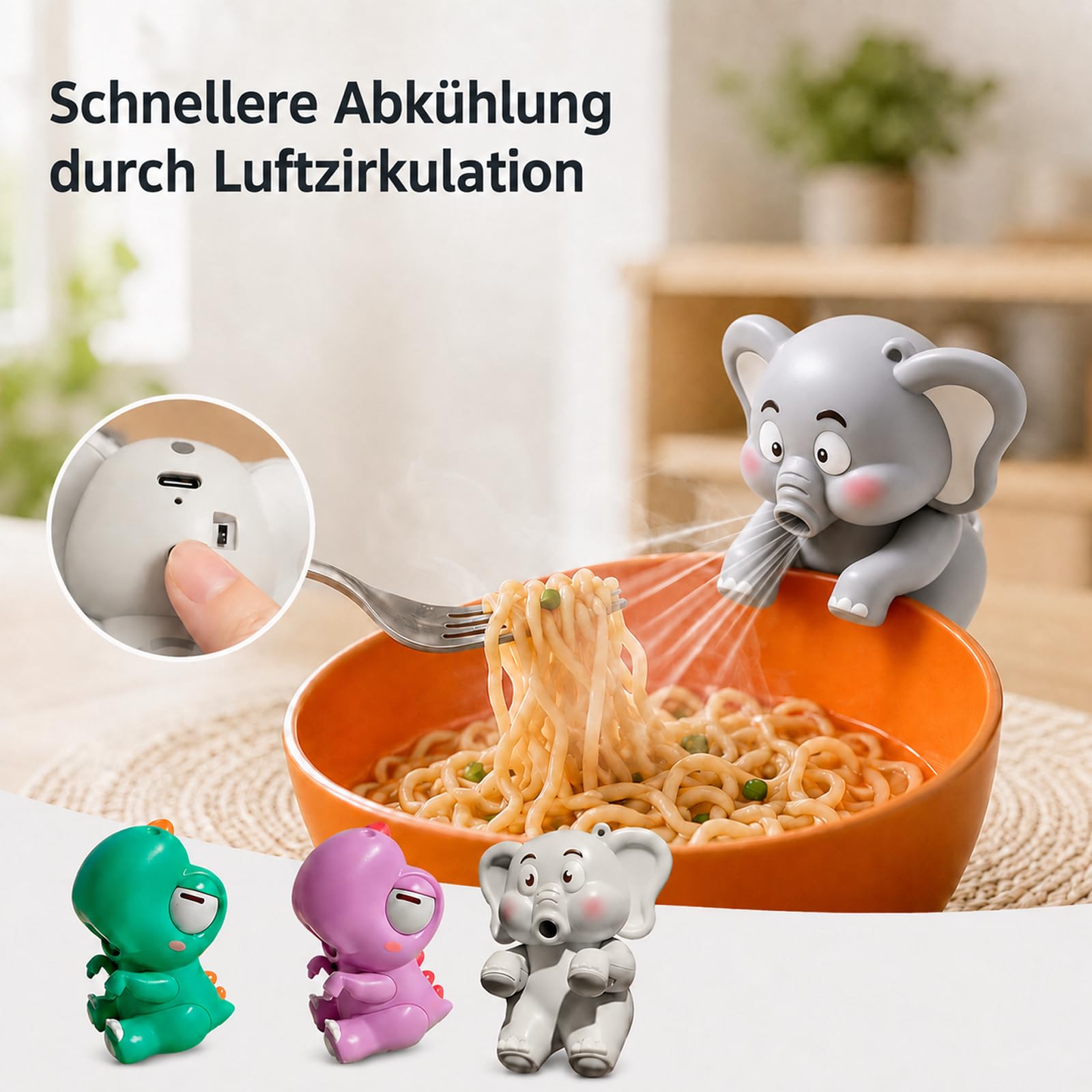 Essen Kalt Puster, Puste Elefant für Essen, Mini-Ventilator Zum Anklemmen Mit 3 Geschwindigkeiten, für Suppen, Nudelsuppen, EintöPfe, Kaffee Usw (A+B)