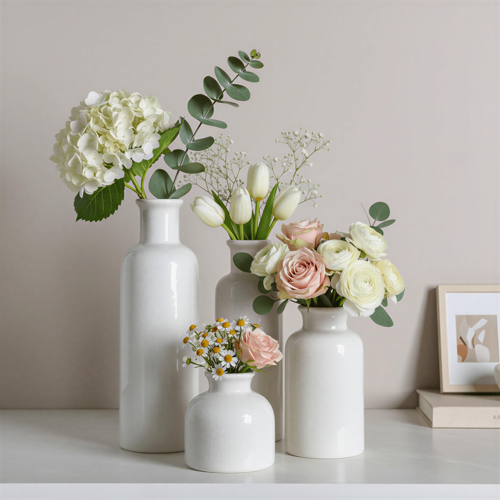 White Ceramic Vase Set, 10 Inch Farmhouse Decor Vase, Home Decorative Vases for Home Decor, Kitchen, Bedroom, Office, Living Room, Bathroom, Ideal Housewarming Gift (Modern White)