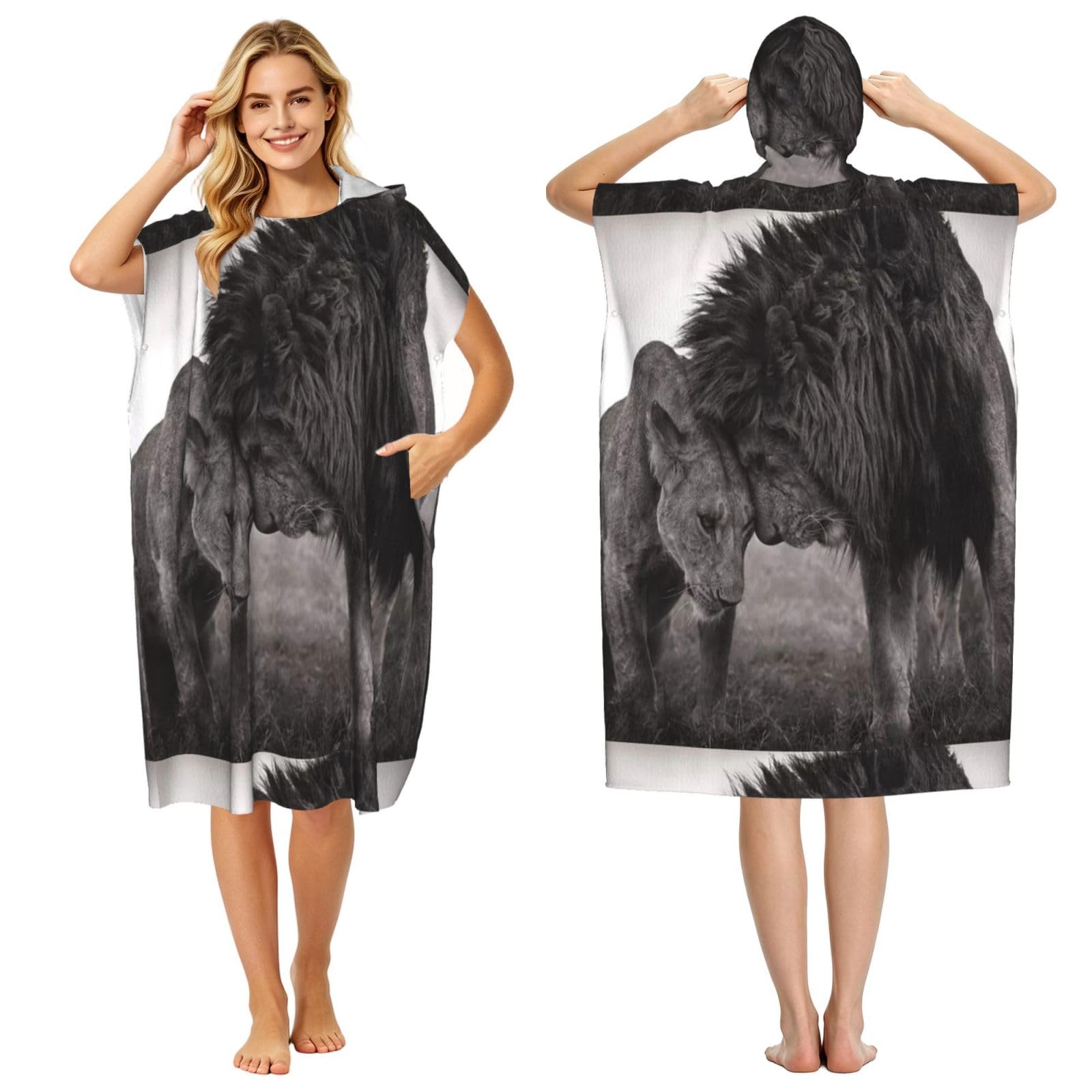 Poadnly Lion And Lioness Printed, Adult Hooded Beach Towel 90 x 110 cm,Changing Bath Robe, Surf Poncho Towel For Women Men