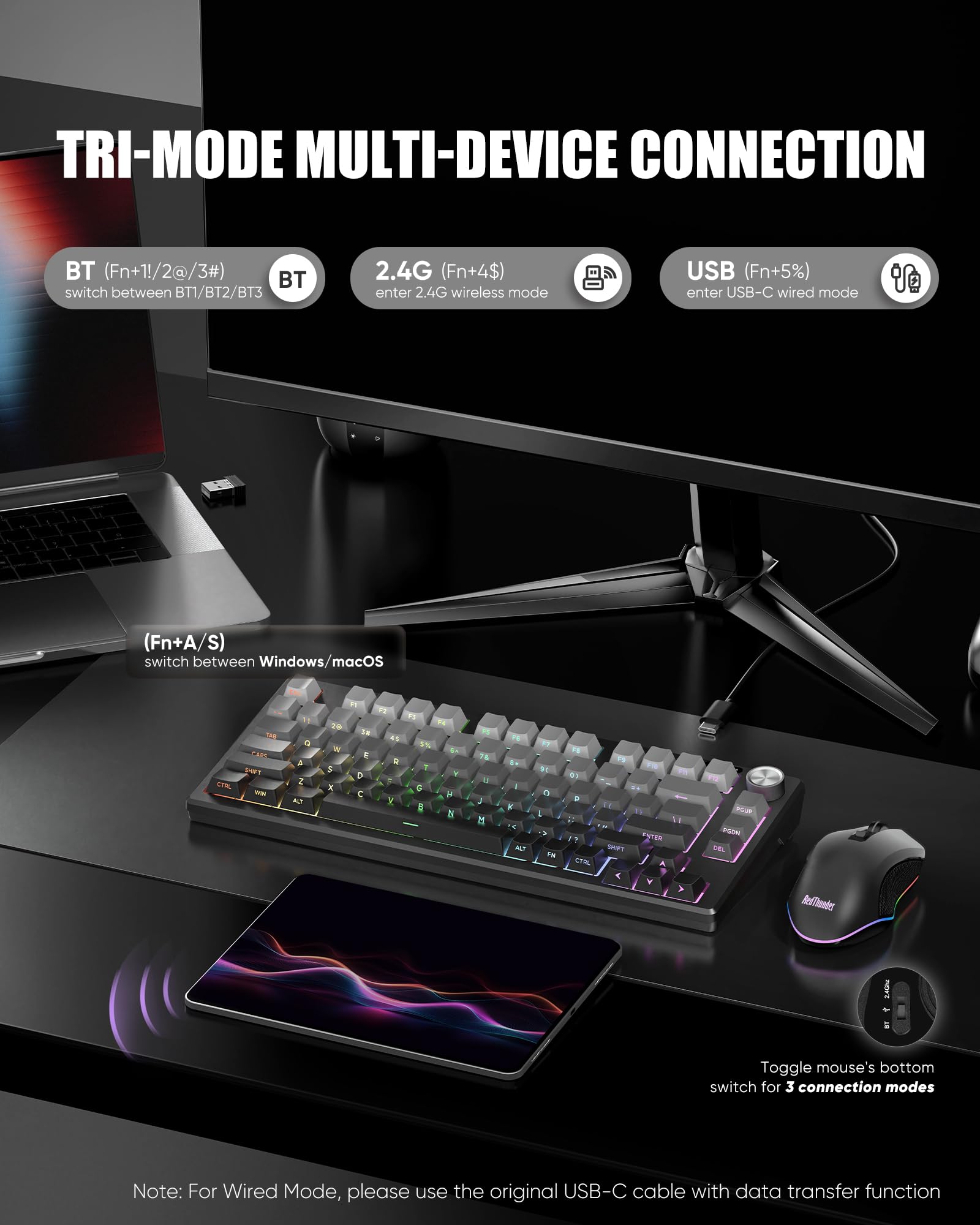 RedThunder K75 75% Wireless Membrane Keyboard and Mouse,3-Mode 2.4G/BT/USB-C,US Layout Side-Engraved,Volume Knob,TKL Ultra Compact Design,Optical Gaming Mouse with 4800DPI for PC Mac (Gradient Gray) - 5