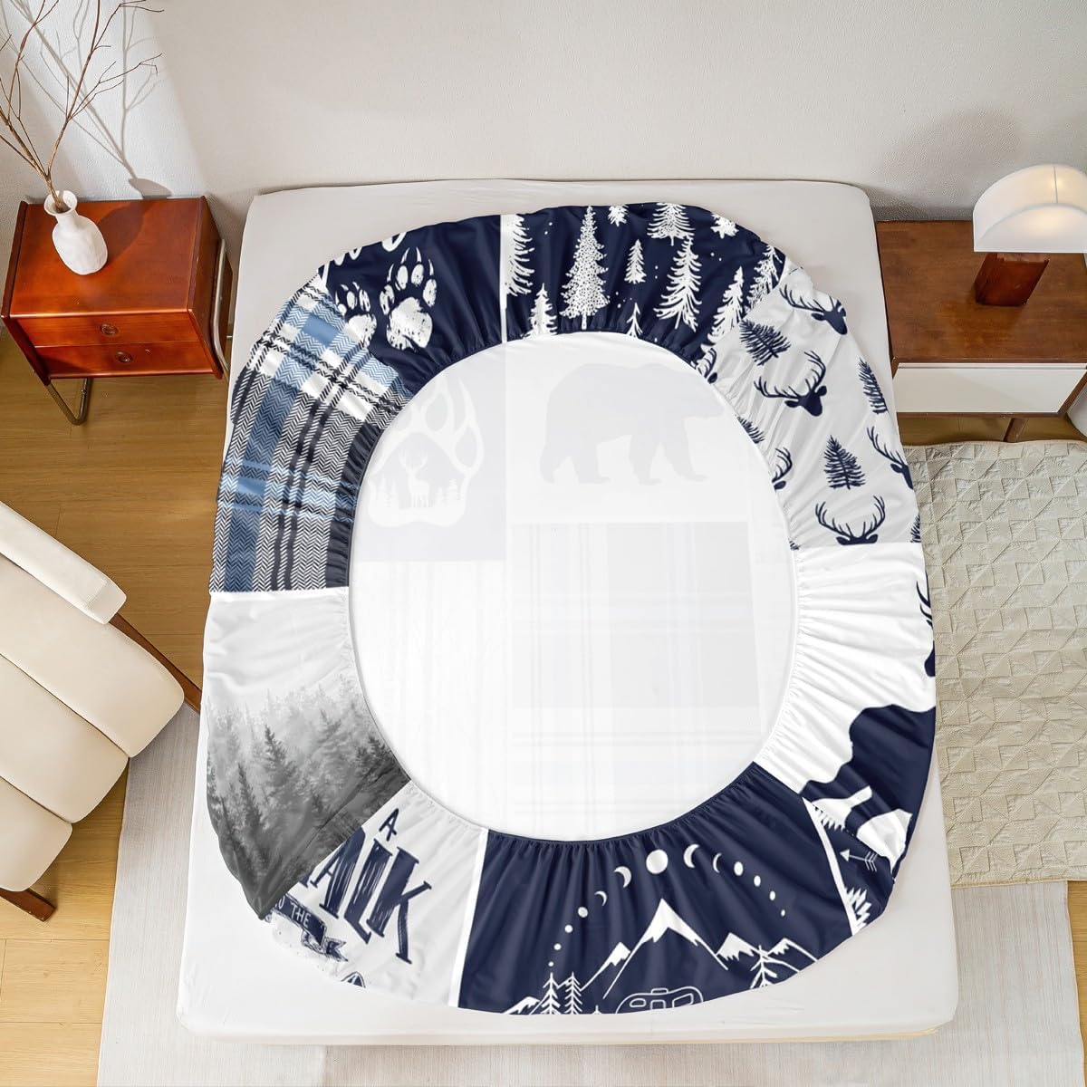 Deer Bear Kids Sheet Queen Size,Wolf Hunting Adventure Rustic Bedding Set for Boys Girls Adults Room Decor,Geometric Plaids Patchwork Blue Xmas Bed Sheet Set 4pcs(Fitted + Flat + 2 Pillowcases)