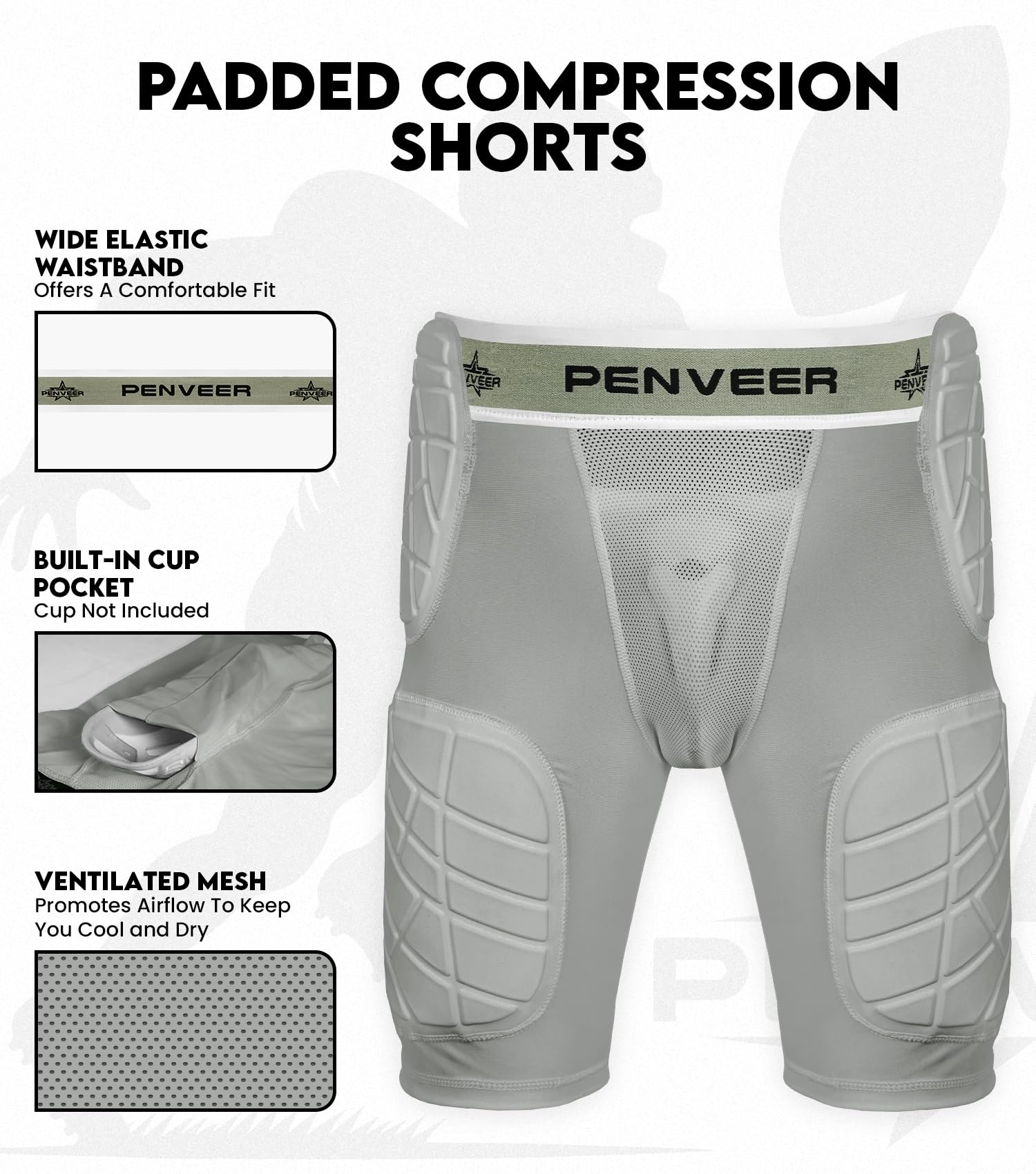 Penveer 5.0 Youth Football Girdle for Boys with Cup Pocket - Padded Compression Shorts with Integrated Hip, Thigh & Tailbone Pads for Maximum Protection (Grey, YL)
