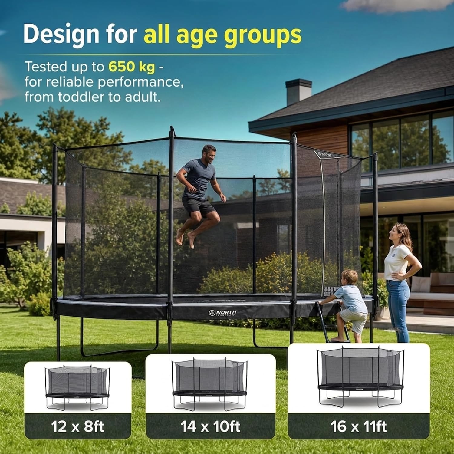 North Trampoline Pioneer Trampolin Outdoor mit Sicherheitsnetz – Prämie Gartentrampolin für Outdoor – Hohe Sprungkraft mit S400-Federn – Werkzeugloser Aufbau – Robuster Rahmen – Für Kinder & Familie