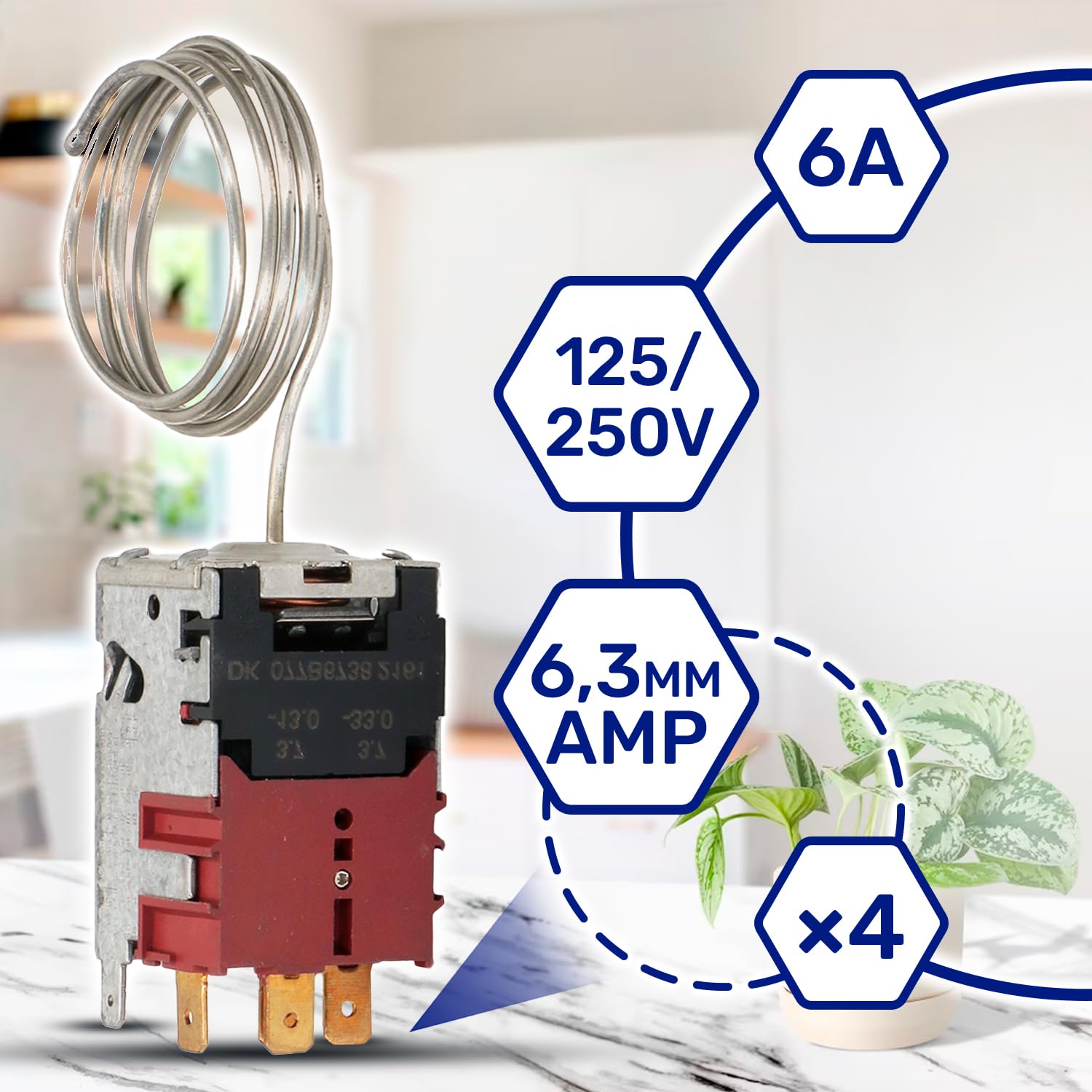 Thermostat 077B6738 pour Frigo 125/250V 6A Longueur du Tube Capillaire 800 mm avec le Code Original 596279 pour Gorenje - avec 4 Contacts 6,3 mm AMP - MONTERAL
