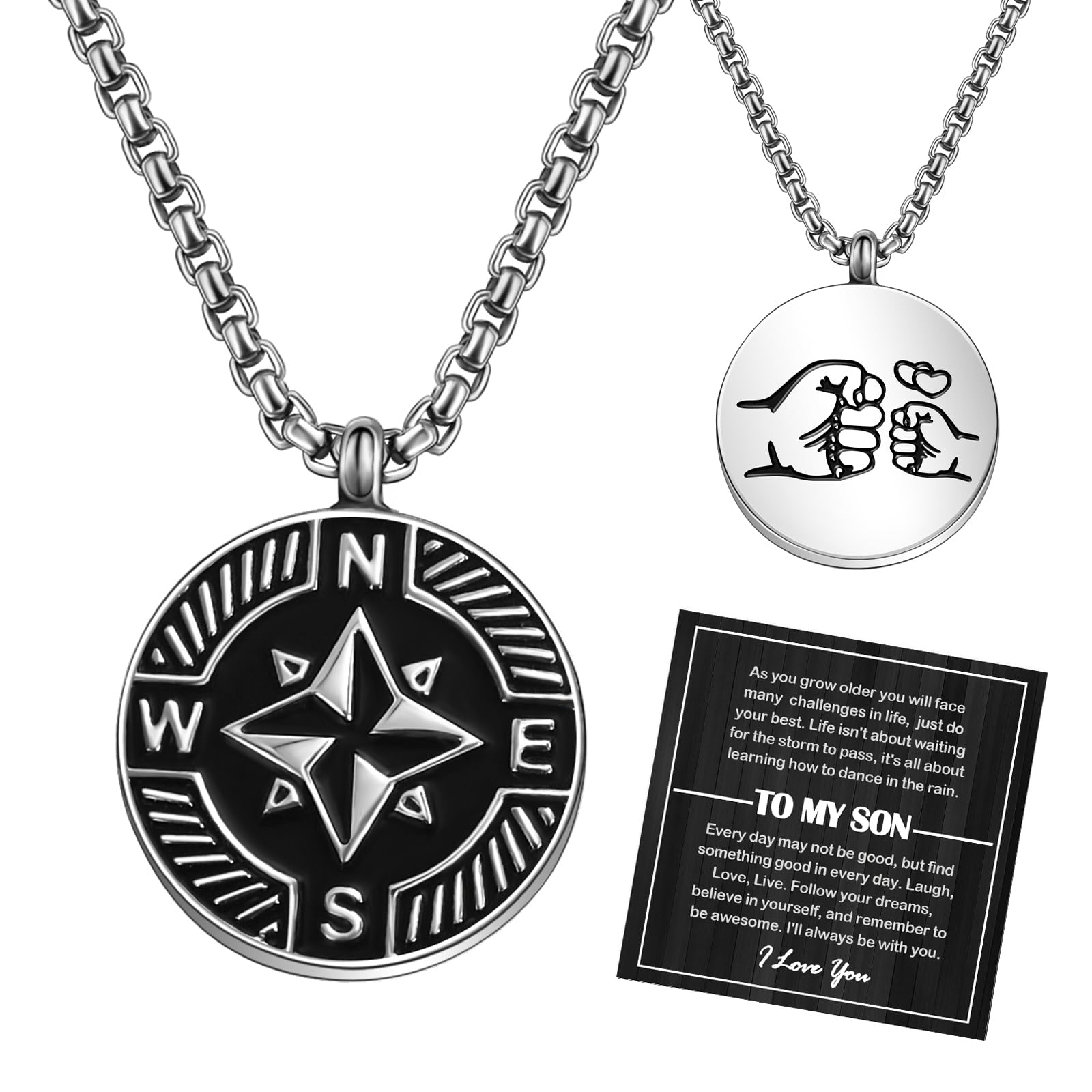 YELUWA Collar de acero inoxidable forjado con brújula para hombre, negro y plata
