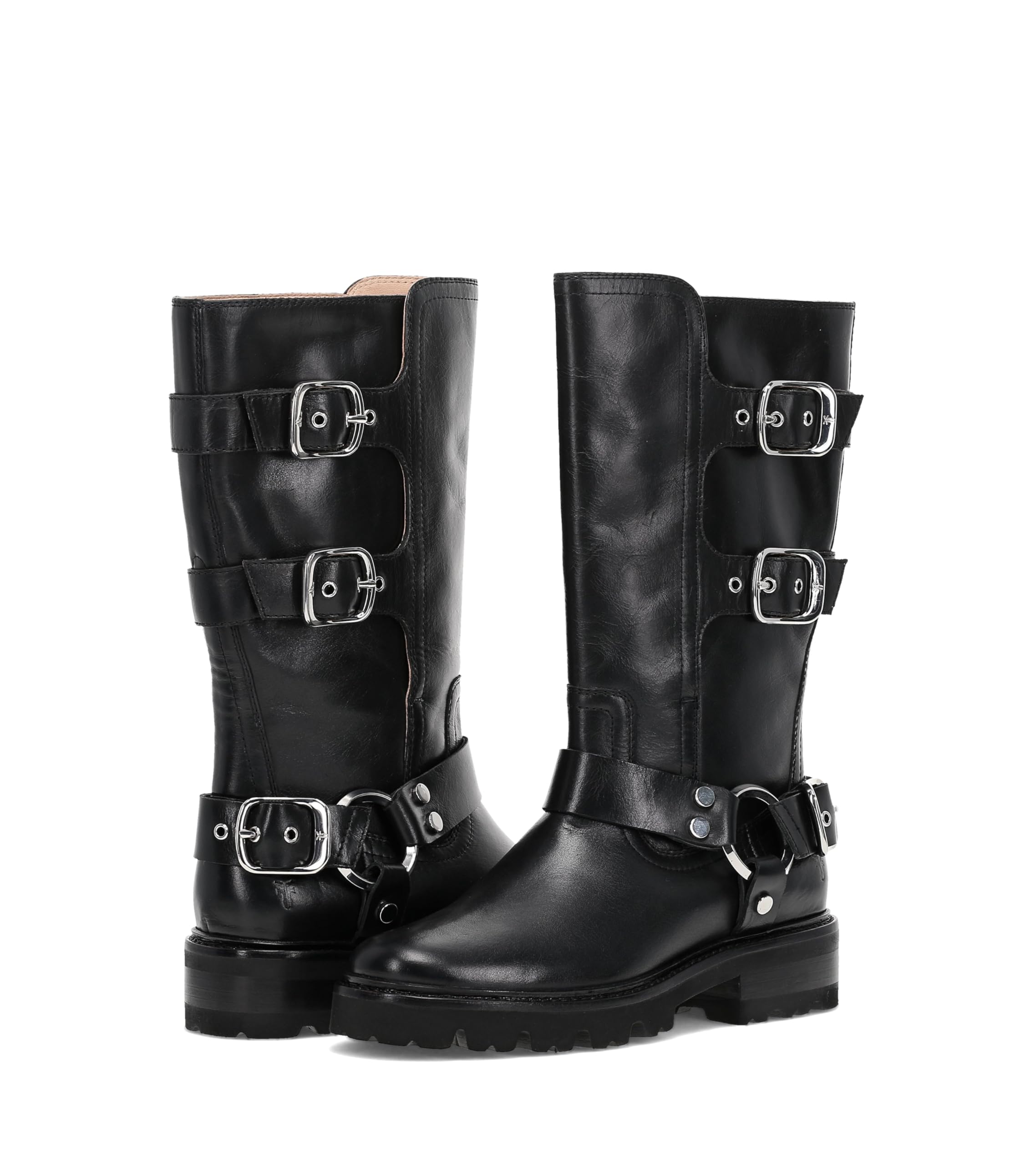 Frye Olivia Moto Mid 11 Shaft Height Womens Boots - Bold Mid-Calf Black Leather Industrial Harness Chunky Heel