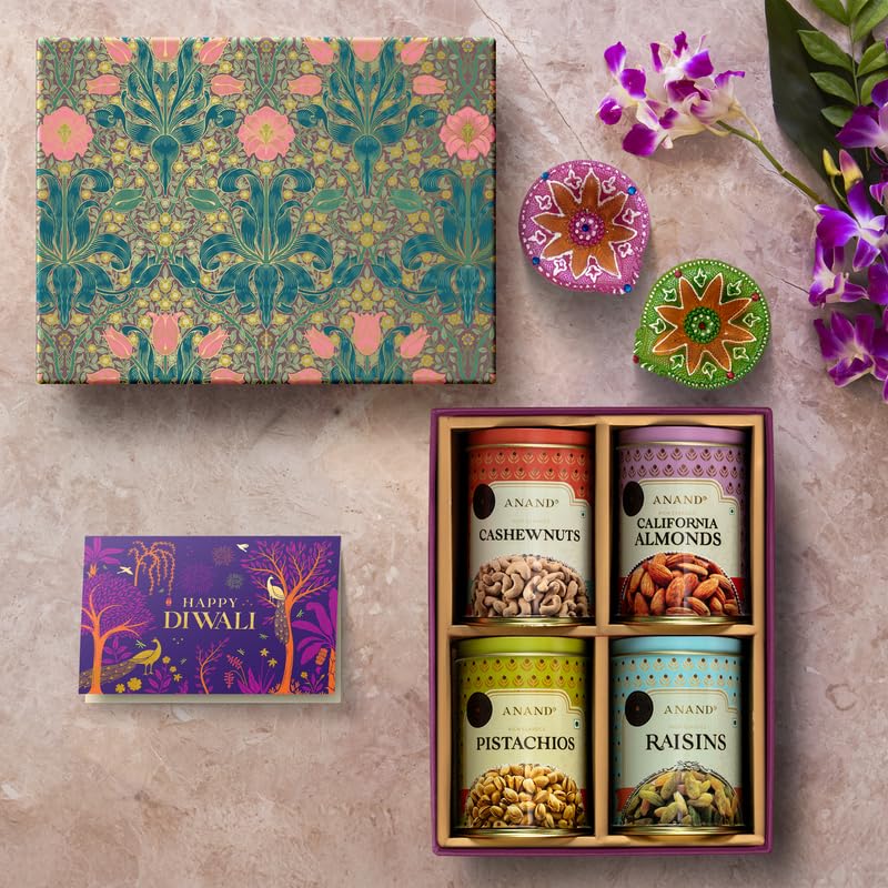 Image of Anand Rich Classics 600g with Diya & Greeting Card | Premium Assorted Indian Sweets | Festive Diwali & Gifting Box - Almonds, Cashewnuts, Pistachios & Raisins - 150 grams Each