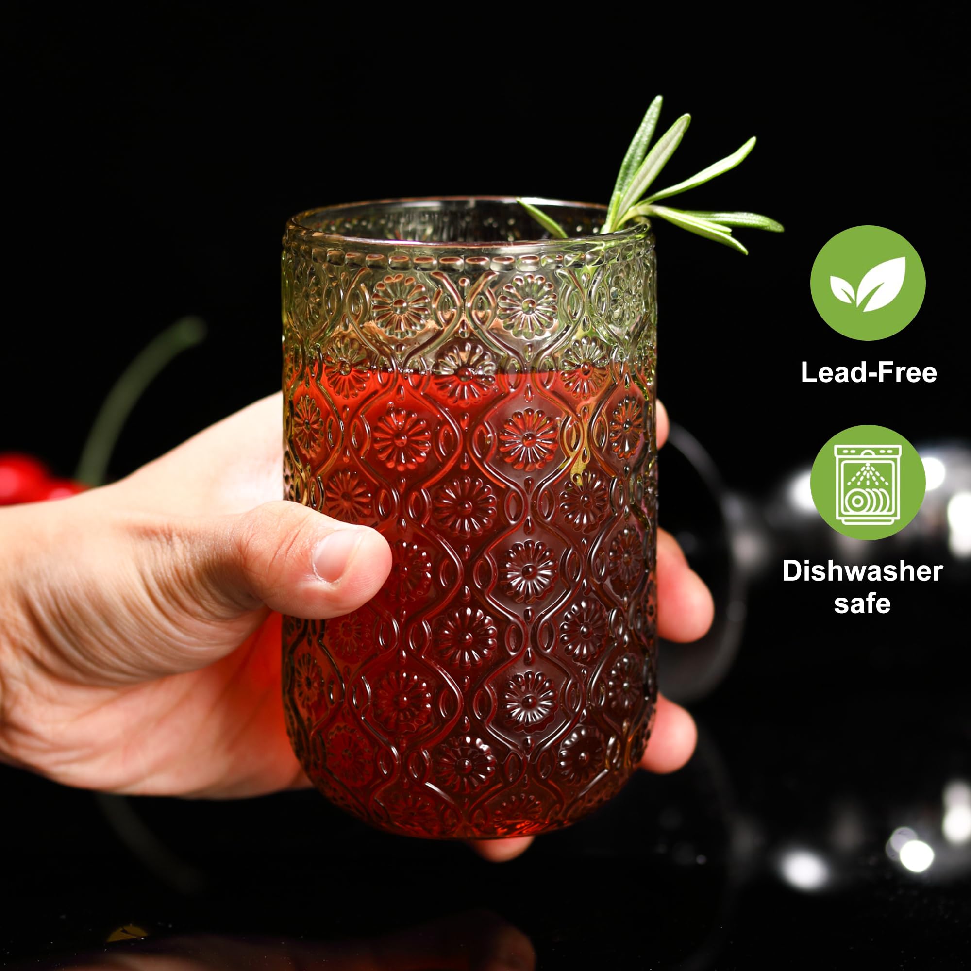 Juego de 12 vasos vintage verdes con relieve floral, vasos altos y de cóctel (12 onzas y 10 onzas) | Ideal para agua, jugo, cerveza, cócteles y whisky