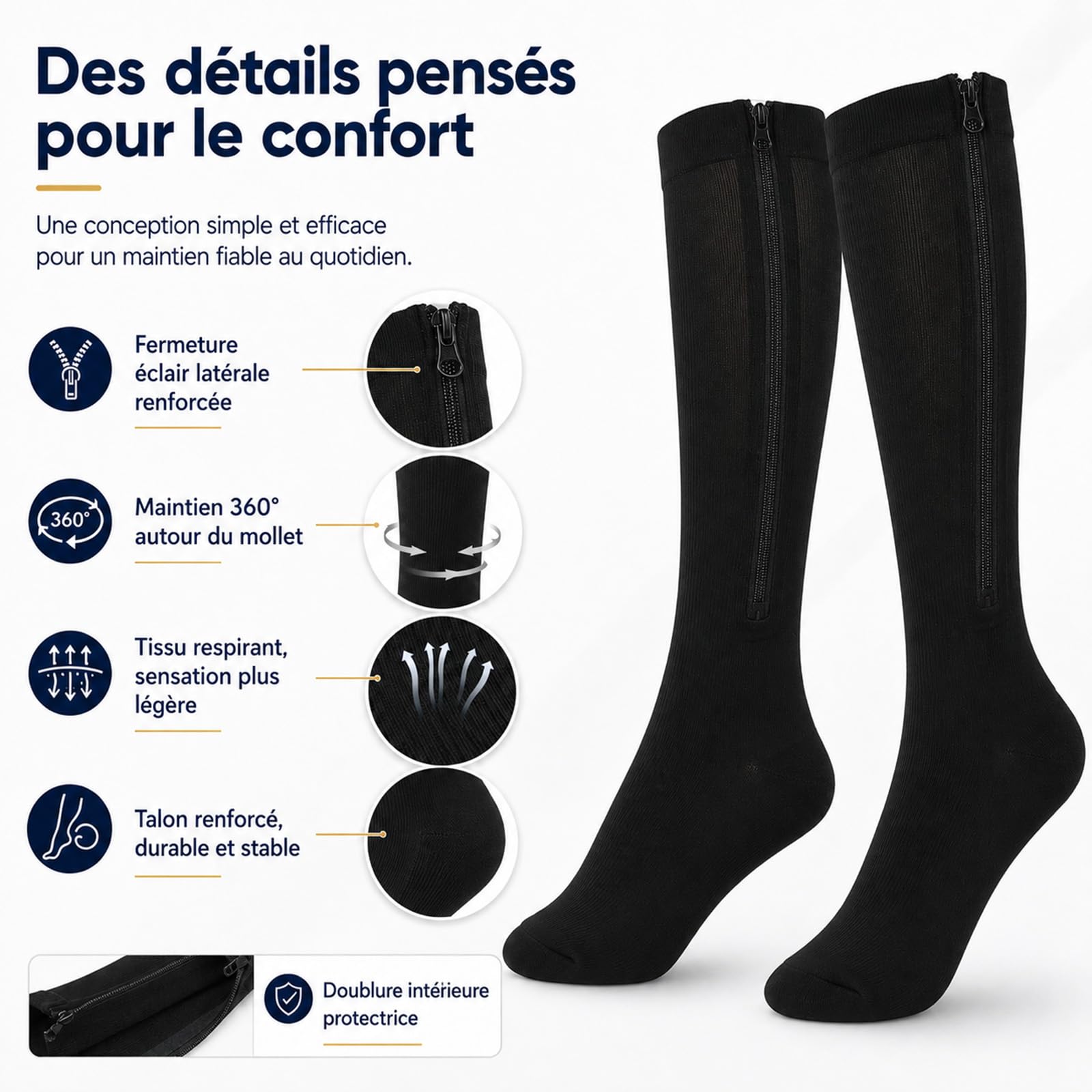 Bas De Contention Zippés - Assiva, Chaussettes De Compression Graduée 15-20 Mmhg, Fermeture Éclair Facile À Enfiler, Confort Toute La Journée, Anti-Fatigue Jambes