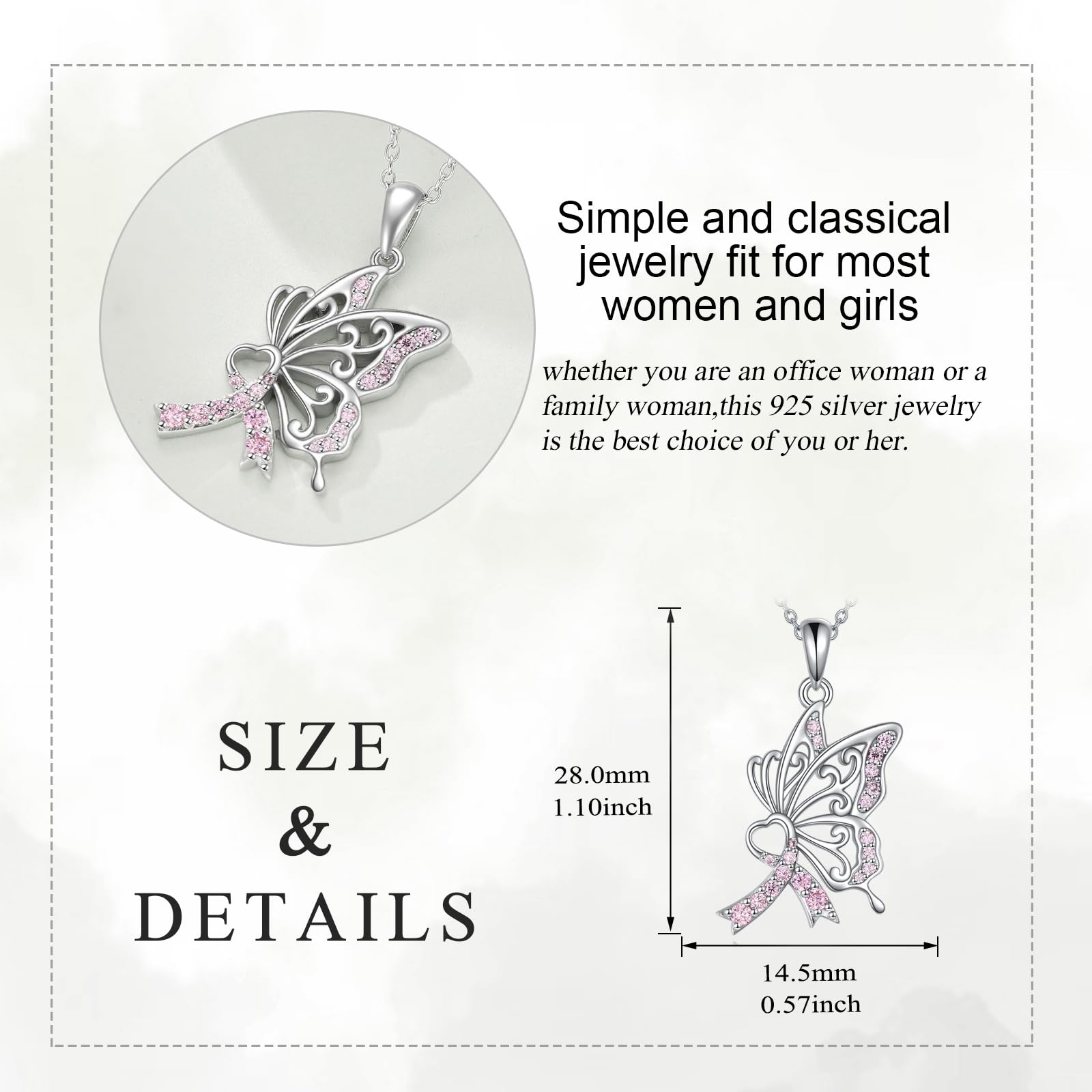 YAFEINI Brustkrebs Bewusstsein Kette 925 Sterling Silber Krebs Überlebenden Schmuck Geschenk für Damen Rosa Schmetterling Schleife Anhänger Halskette