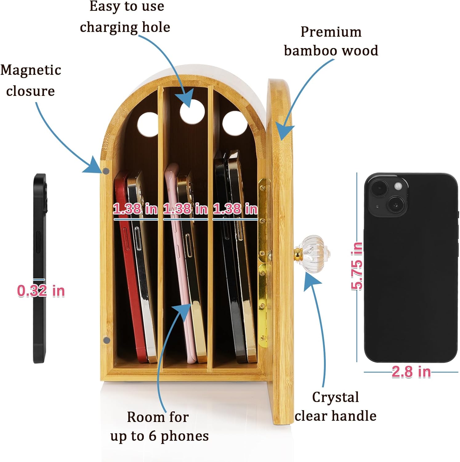 Phone Box for Family Time, Bamboo Cell Phone Jail, 3 Sections Hold 6 Phones, with Charging Holes, Phone Holder Self-Discipline Box, Help Kids Adults Focus Back, Mobile Phone Addiction (Wood)