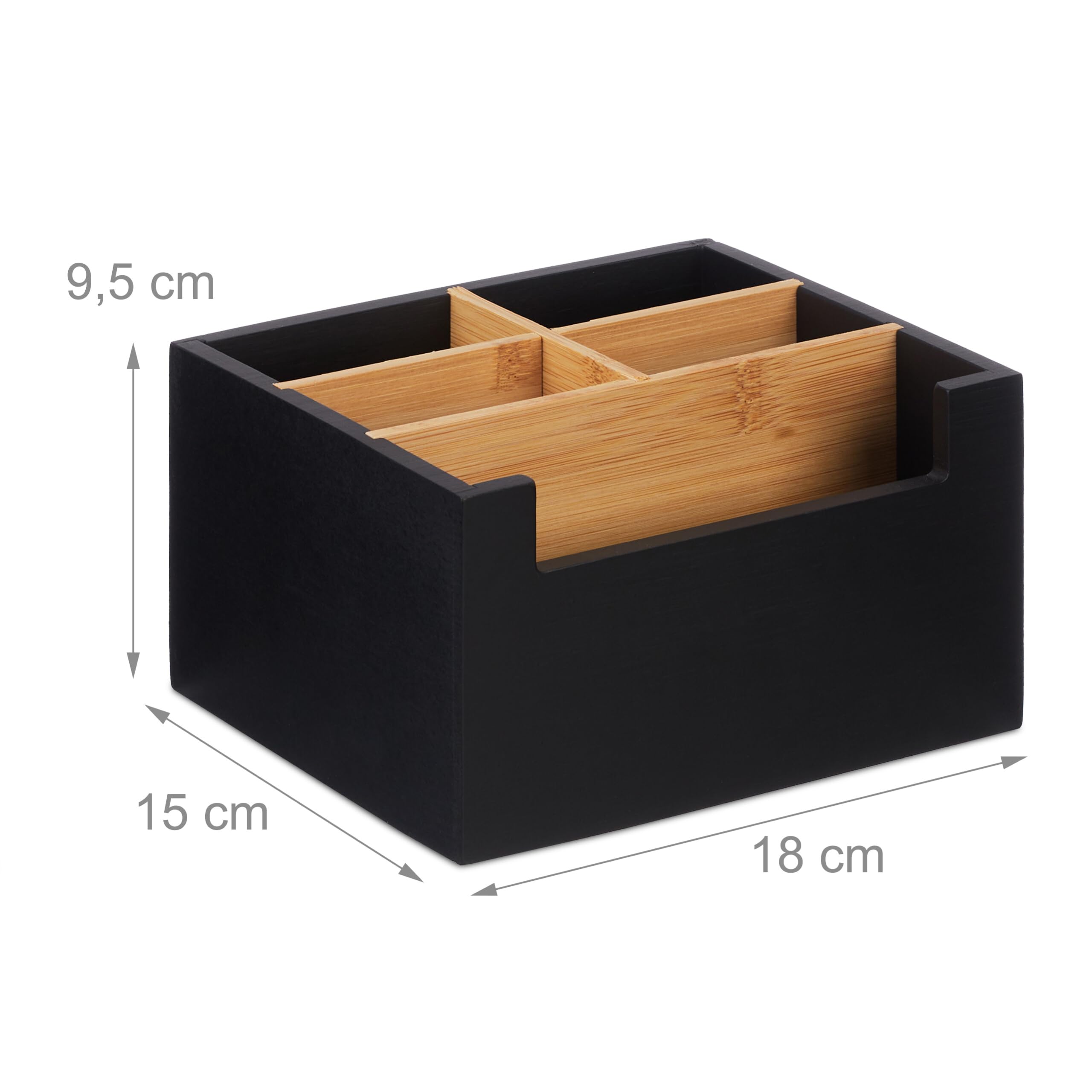 Relaxdays Desk Organiser, Bamboo, 5 Compartments, for Office Supplies & Cosmetics, Pen Holder, 9.5 x 18 x 15 cm, Black - Image 4