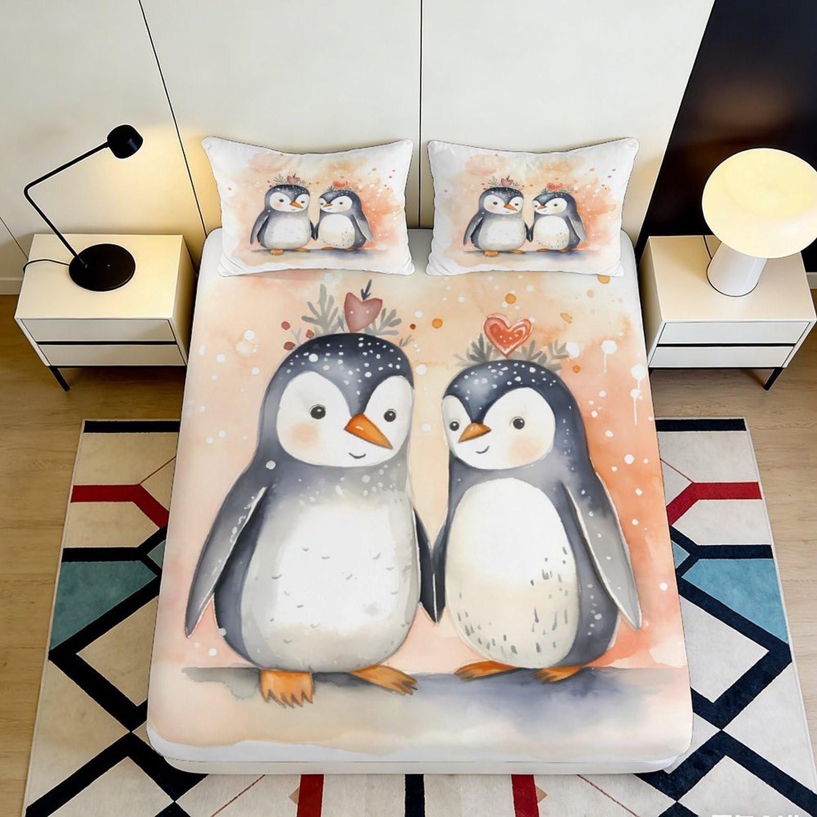 3D Printed Cute Penguin Fitted Sheet Microfiber Soft Breathable Cartoon Penguin Bed Cover for Bedroom Guest Room Decor 90x200x25cm