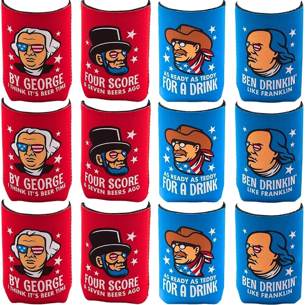 Fun Express Patriotic Faces Koozies for Cans 12 Pack - Funny Can Cooler Insulated Neoprene Can Covers for Cold Drinks | Soda Can Holder Drink Sleeve