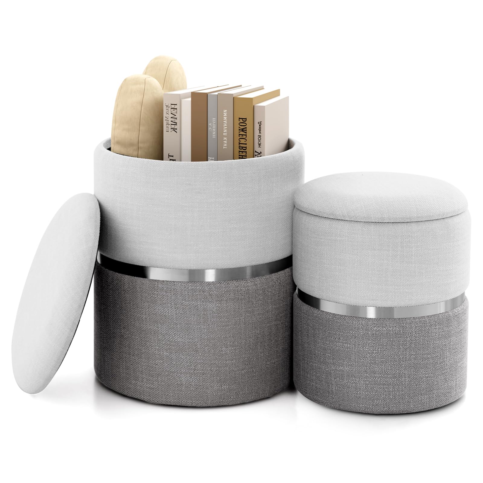 RELAX4LIFE 2er Set Sitzhocker, Pouf Hocker mit 32L + 21L Stauraum, Ottomane aus Samt, Aufbewahrungshocker für Wohnzimmer Schlafzimmer (Grau)