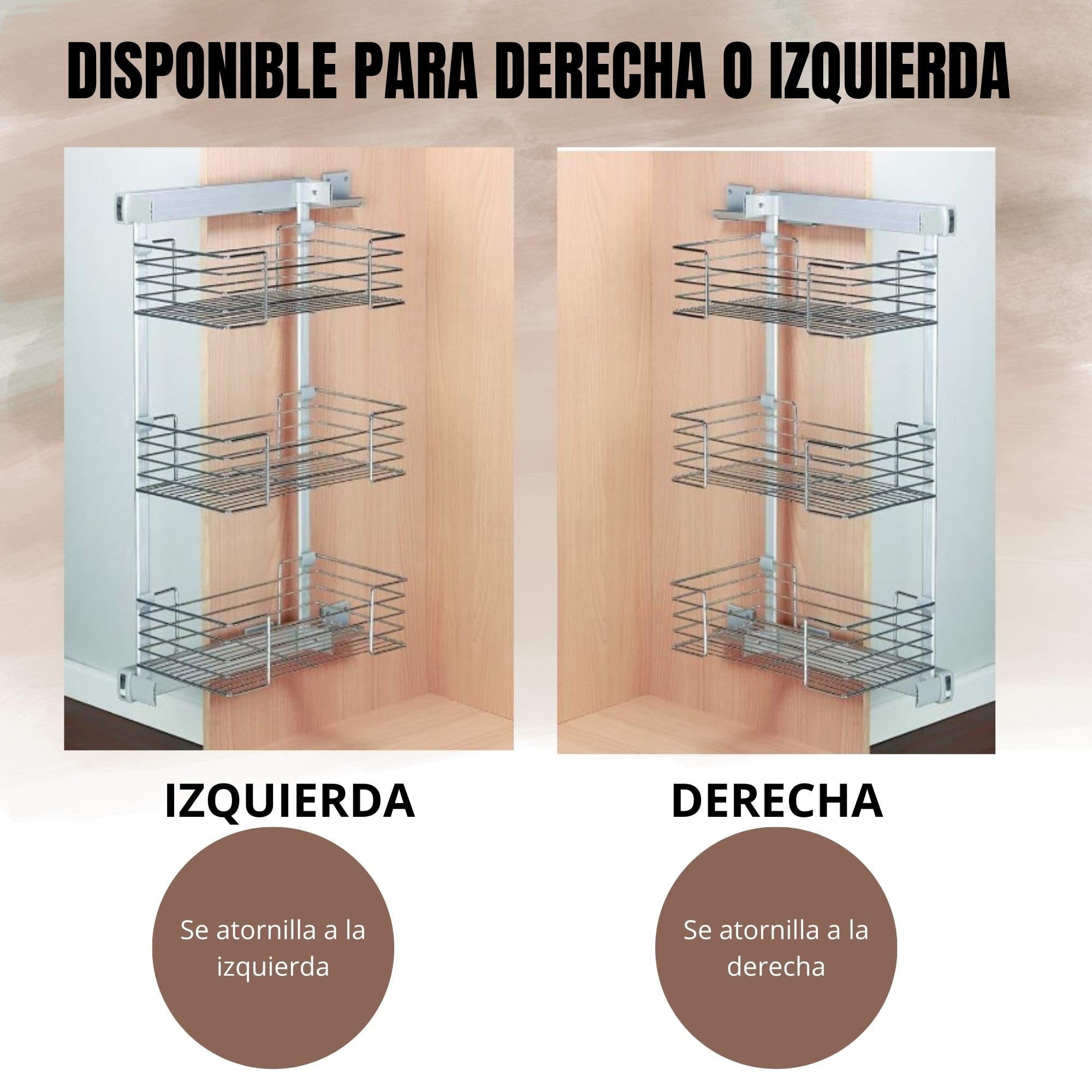 CESTOS LATERALES con guias de extracción total – para ARMARIOS, VESTIDORES, muebles de cocina – marco de aluminio, cestas en acero cromado – sistema de guías de freno (ALTO 74CM, IZQUIERDA)
