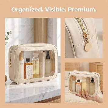 Clear Makeup Bag for Travel, Women Small Transparent Cosmetic Wash Toiletries Toiletry See Through White Flat Lay Skincare Organiser Make Up Bags, Emergency Kit Handbag for Girls School Cute Pouches