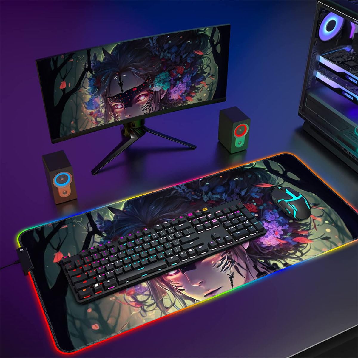 Grand Tapis Souris Jeu RGB XXL avec LED Lumineuse pour Clavier, surdimensionné, Base en Caoutchouc antidérapant, imperméable, pour MacBook, Ordinateur Portable, Manga Girl 39,9 x 89,9 cm