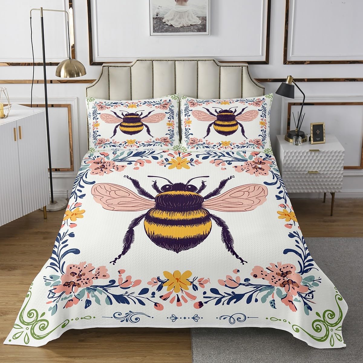 Homewish Ladybugs Bedspread Twin Size,Bugs Animal Flower Bedding Set for Kids Boys Girls Room Decor,Boho Retro Floral Pattern Coverlet Set 2Pcs,Spring Garden Wildlife White Quilt,1 Pillowcase