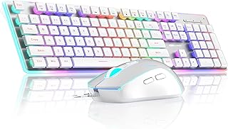 Gaming Keyboard and Mouse Combo, MageGee GK970 Wired Backlit Keyboards and White Gaming Mouse Combo, PC Keyboards and Adjustable Sensitivity Mouse for PC/Laptop/MAC(White)
