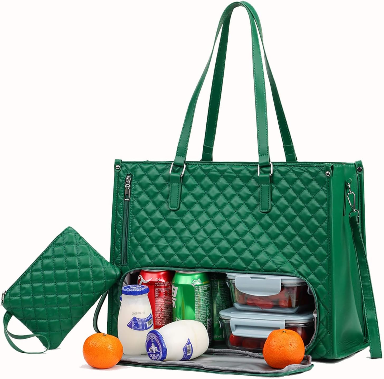Lunch Tote Bag for Women, 15.6 Inch Laptop Work Bag with Insulated Lunch Box Compartment，Quilted Large - Capacity Computer Handbag for School, Work, Business, Travel, and Leisure - Green | Insulated cooler, Laptop protected, Large capacity, Lightweight carry, Multi-use design