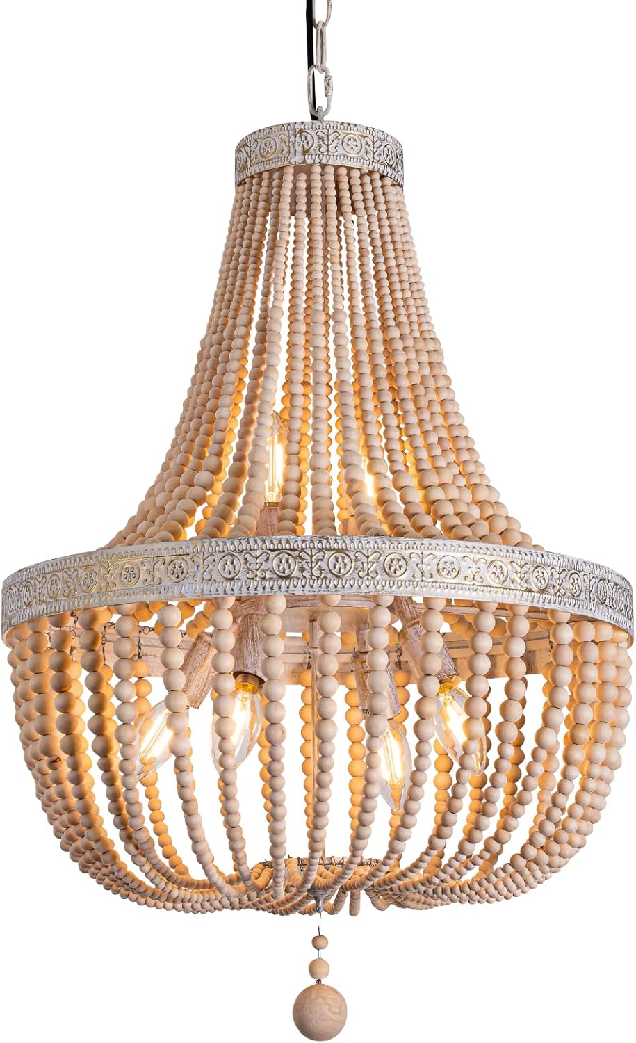 6-Lights Farmhouse Boho Wood Bead Chandelier,Modern Natural Wooden Beaded Pendant Light Fixture,E12 Adjustable Pendant Lighting for Dining Room Living Room Bedroom