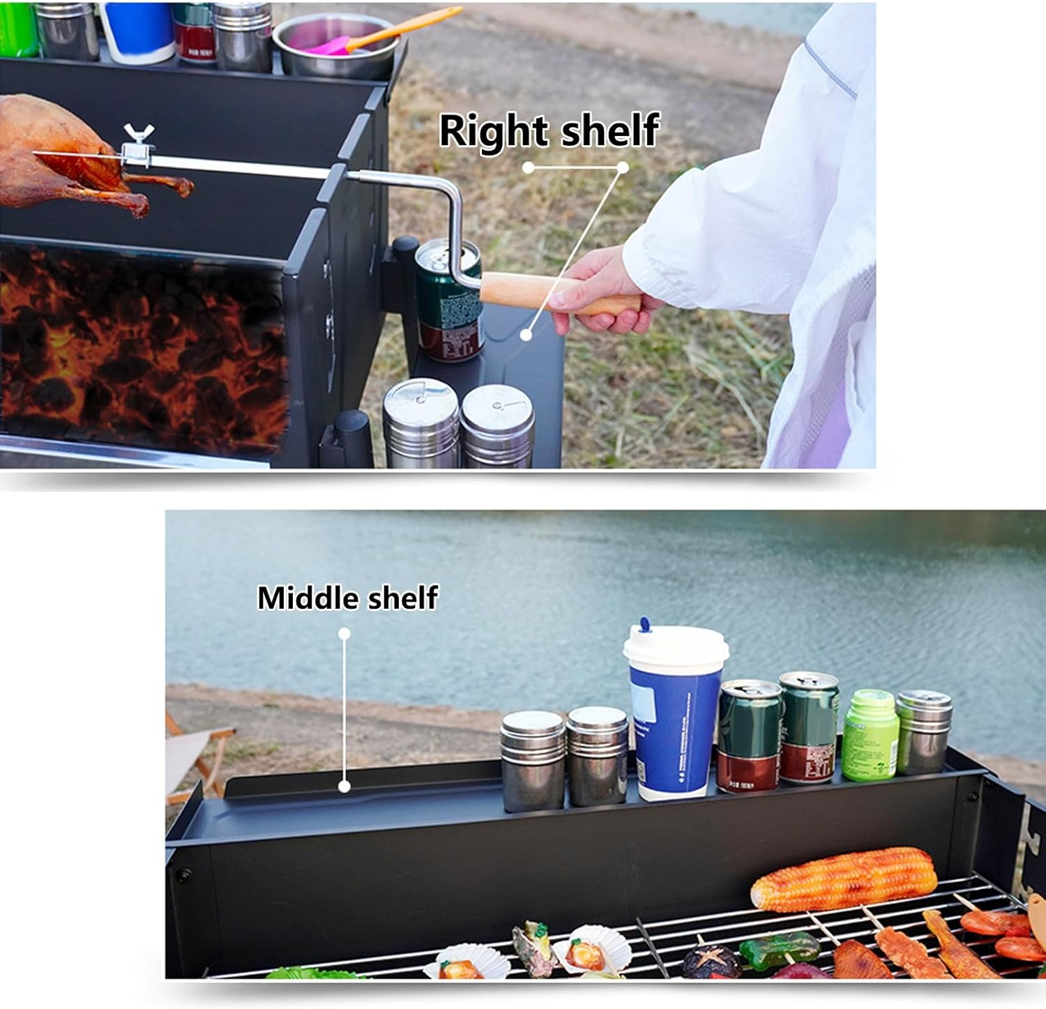 Barbecue Charcoal Grill Foldable BBQ Grill - 3-Tier Adjustable Windproof Camping Stove with Storage Shelf, Portable BBQ Tool Kits for Outdoor Cooking, Picnics & Tailgating Black