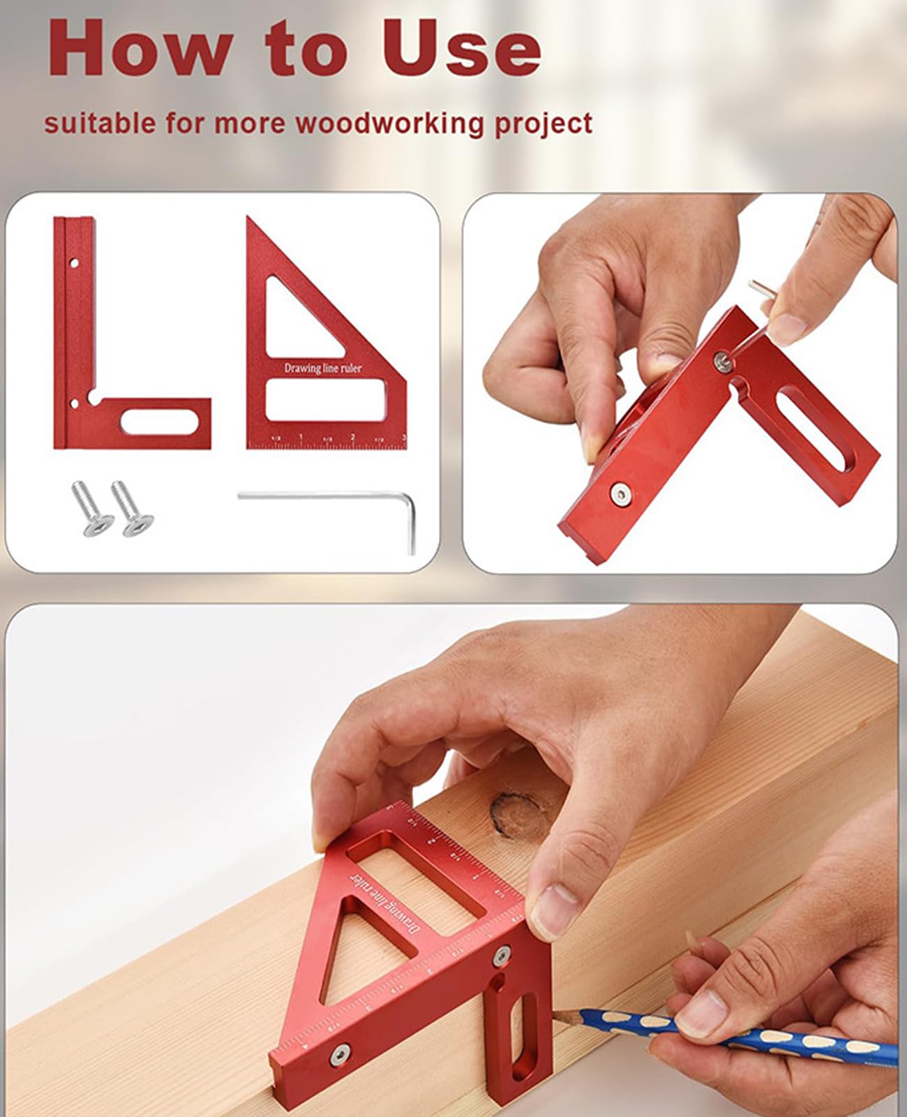 Imperial - Regla de medición 3D multiángulo, regla triangular inglete, herramienta de medición de precisión, transportador cuadrado de aleación de aluminio de 45/90 grados para carpintería