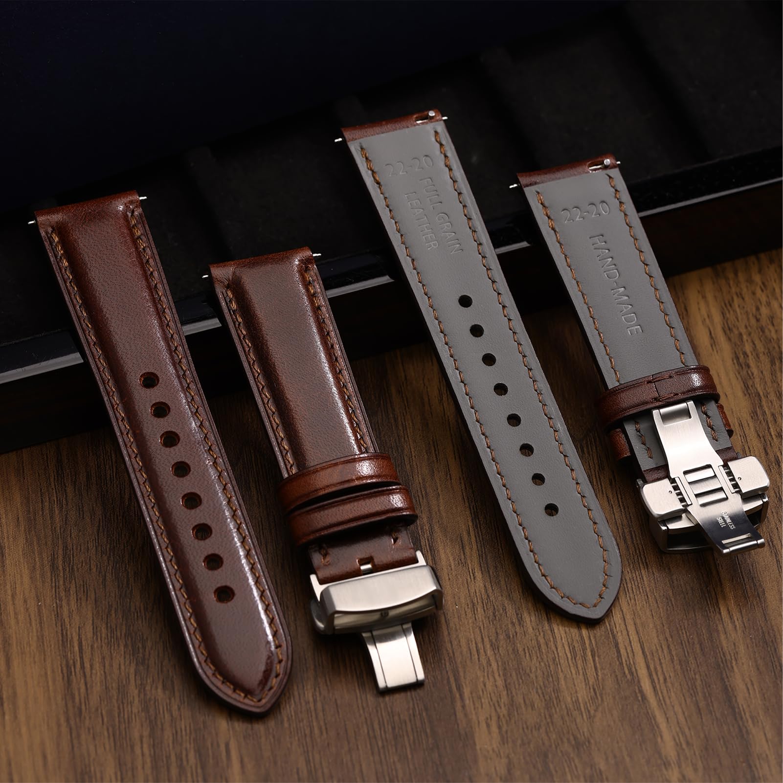 REZERO Leder Uhrenarmbänder, Handgefertigte Armbänder mit Schnellverschluss, Luxuriöse Armbänder aus Vollnarbigem, Pflanzlich Gegerbtem Leder, Ersatzarmbänder für Herren 19/20/21/22/24mm