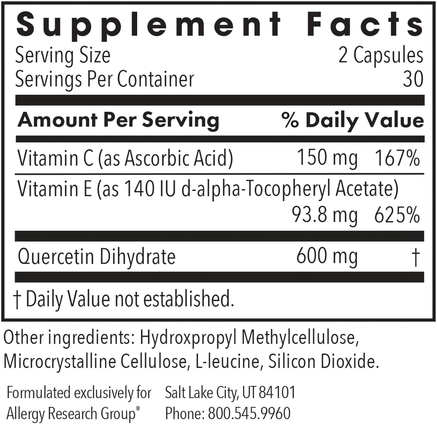 ARG Quercetin 300 - Supports Mast Cell and Histamine Response - Includes Vitamin C - Delivers 300 mg Quercetin Per Capsule - Vegetarian & Hypoallergenic - 30 Servings - 60 Capsules