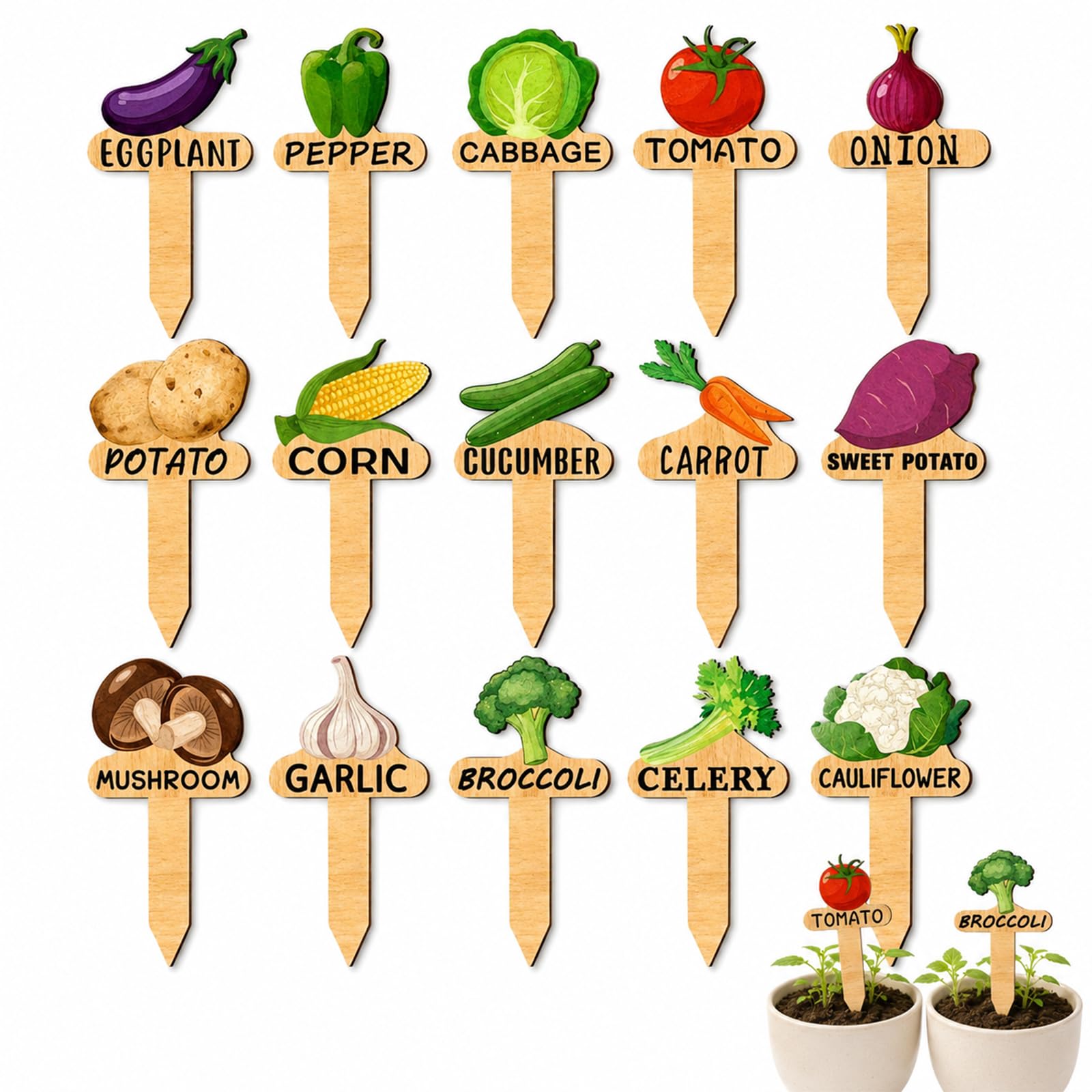 15PCS Watercolor Vegetable Plant Labels, Wooden Garden Labels with Printed Pattern, Wooden T Type Garden Stakes, Waterproof Wo/oden Vegetable Name Tags for Vegetable Seedling Identification
