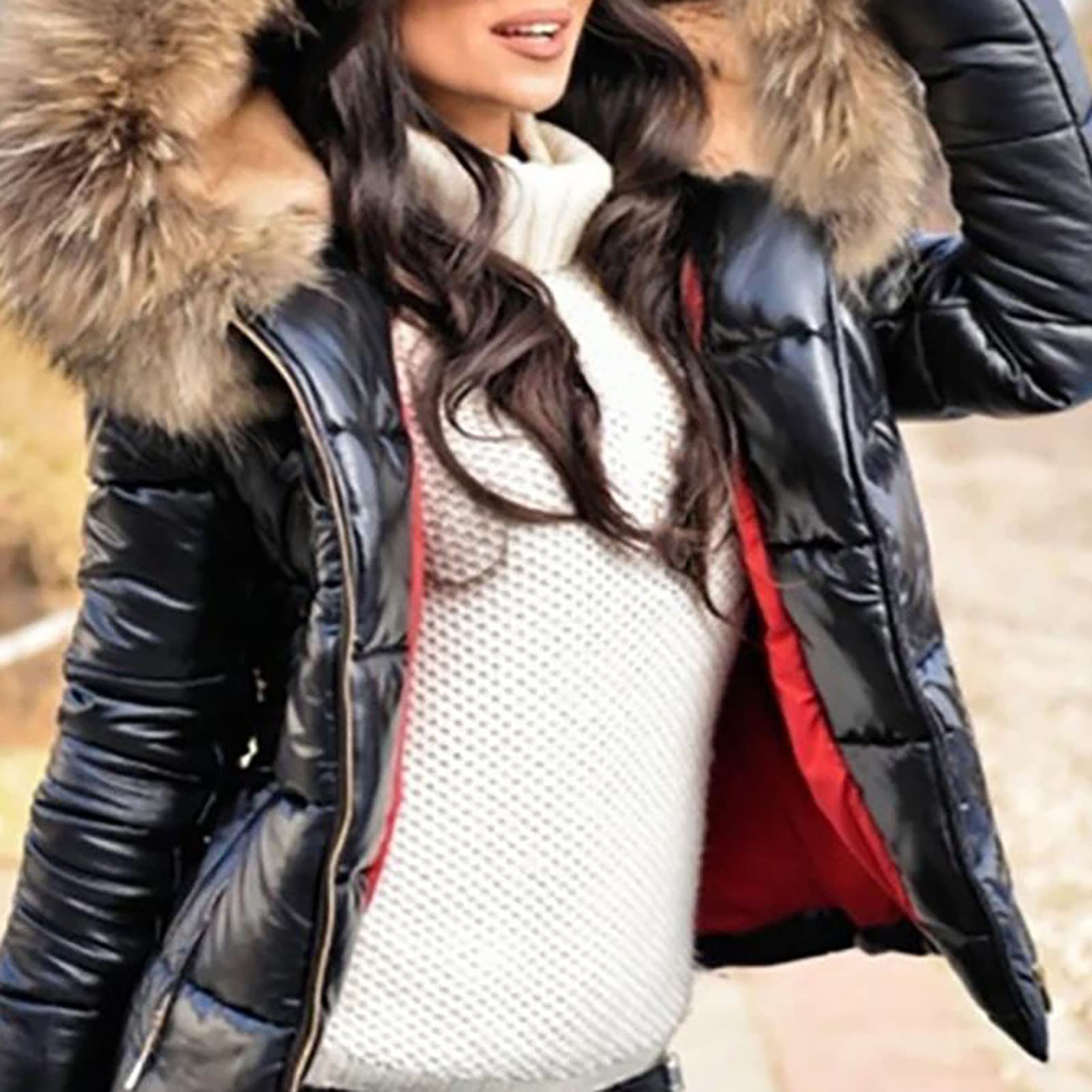 FUPODD Daunenjacke Damen Winter Kurz Glänzend Steppjacke Leicht Mit Kapuze Winterjacke Damen Warm Fellkapuze Puffer Jacke Reflektierend Steppmantel Reissverschluss Wintermantel Kurze Daunenmantel