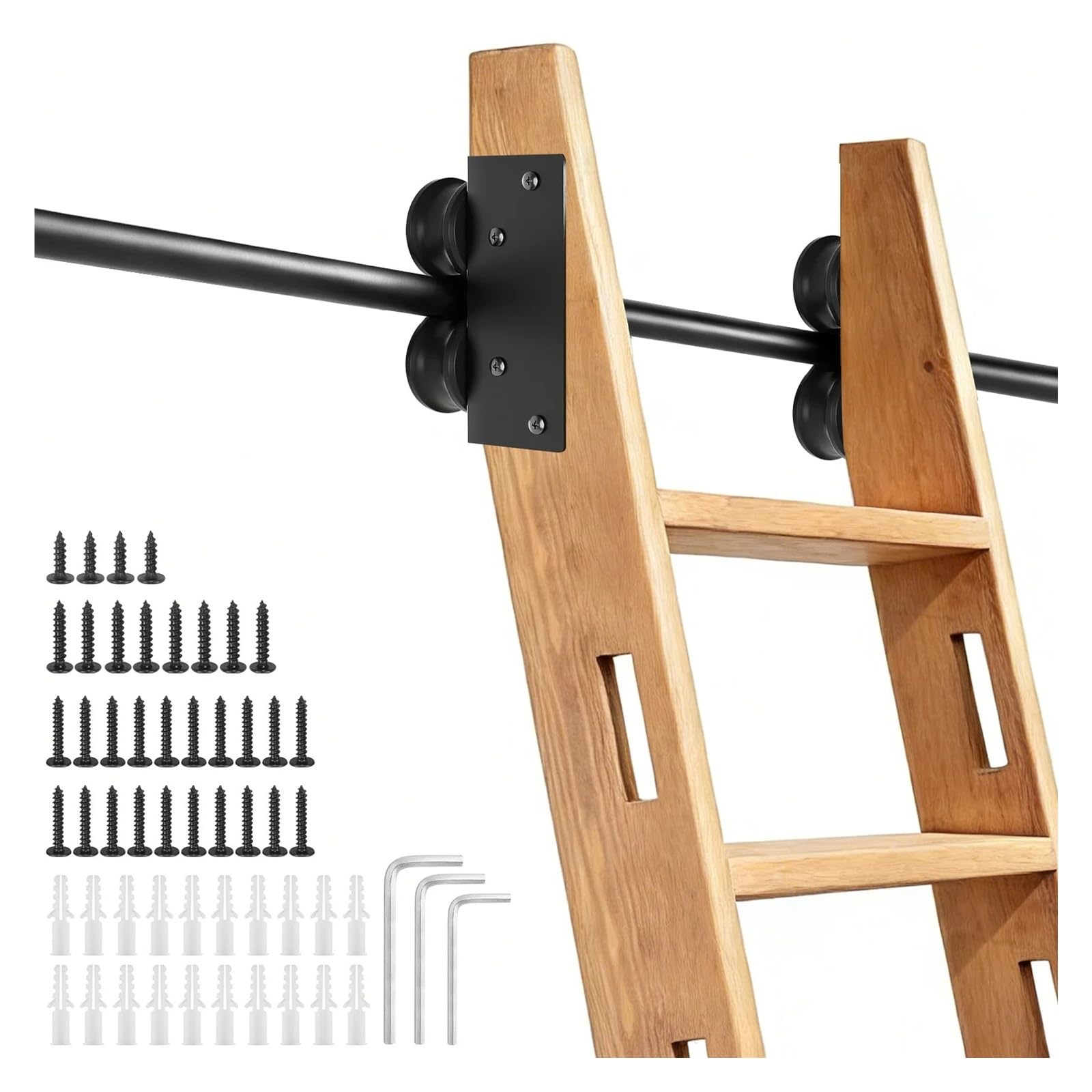 Strafbrg One Color 78 Inch Sliding Ladder Hardware Kit With Floor Roller Wheels Telescopic Hook Extension Track,Smooth Gliding