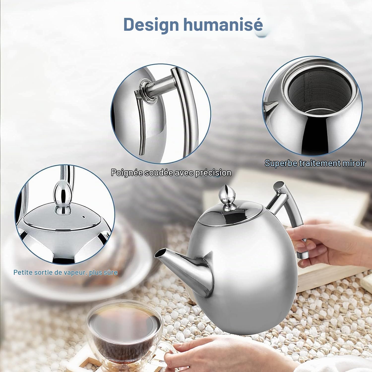 Fyearfly Théière en acier inoxydable avec infuseur, théière de 1 litre/1,5 litre, théière en argent fine avec filtre pour maison, hôtel, restaurant, thé en vrac(1L)