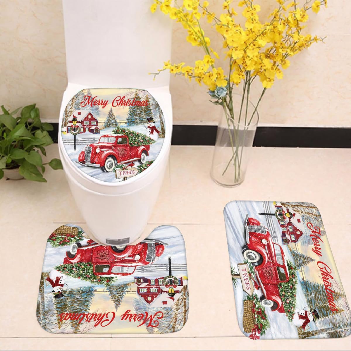 DDS-DUDES Merry Christmas Decorations Shower Curtain Snowman Santa Truck Gift Waterproof Polyester Fabric Bathroom Decoration 71 x 71 Inches with 12 Hooks