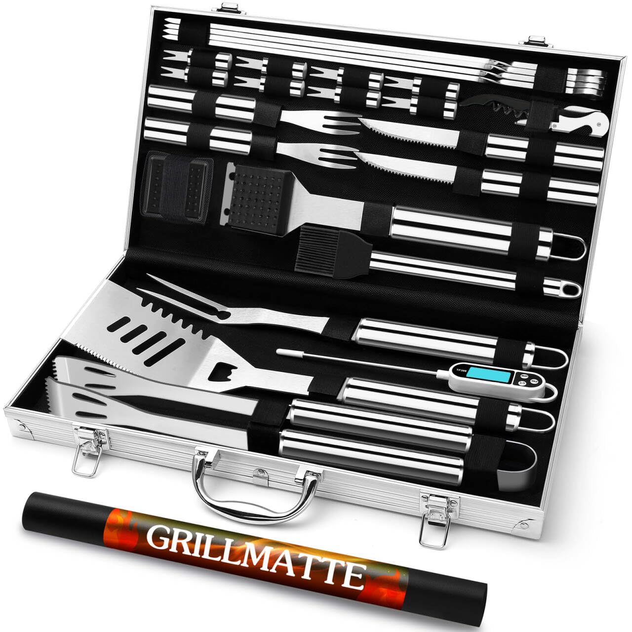Grilliance 26 Stücke Edelstahl Grillzubehör Set Hochwertiger BBQ Grillbesteck Koffer Perfektes Grillwerkzeug Set für Männer Geschenk mit Tragbarer Aufbewahrungskoffer und Fleischthermometer Silber