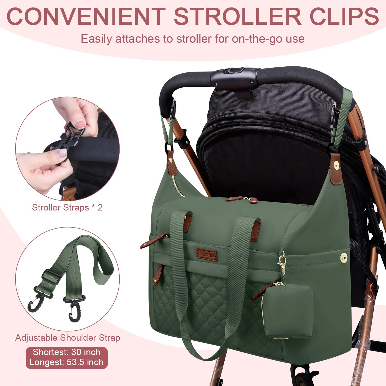 Pritent Diaper Bag Tote - Diaper Baby Bags with Pacifier Case, Shoulder Straps, Stroller Clips, Waterproof Large Mommy Maternity Travel Baby Bag for Mom and Dad, Green, Medium