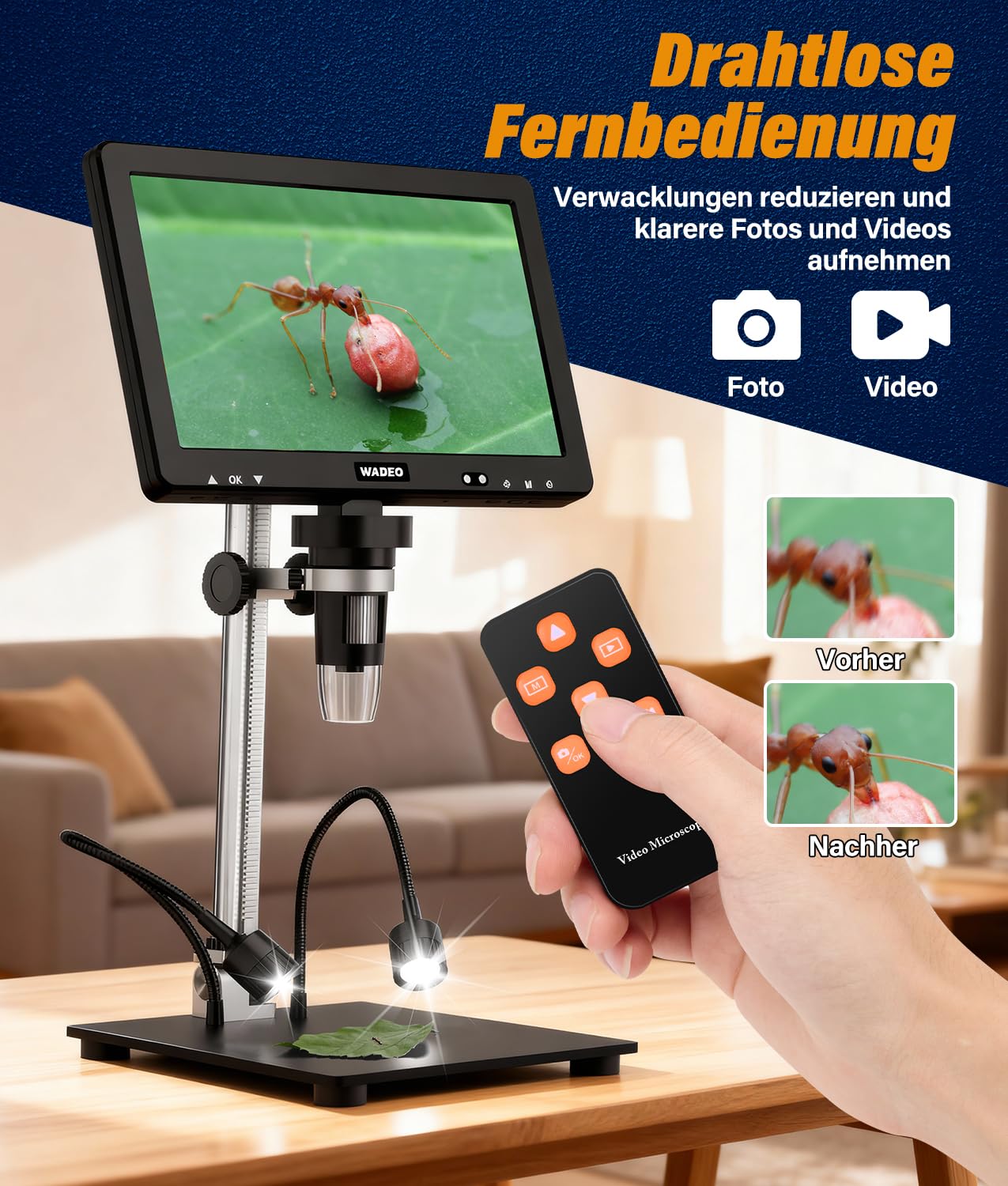 WADEO 10,1-Zoll-LCD-Digitalmikroskop 1500x inkl. 32GB Karte, Tragbares Mikroskop USB-Digitalmikroskop Lötmikroskop mit 8 LEDs und Metallständer, MacOS Windows kompatibel, für Reparaturen und Löten
