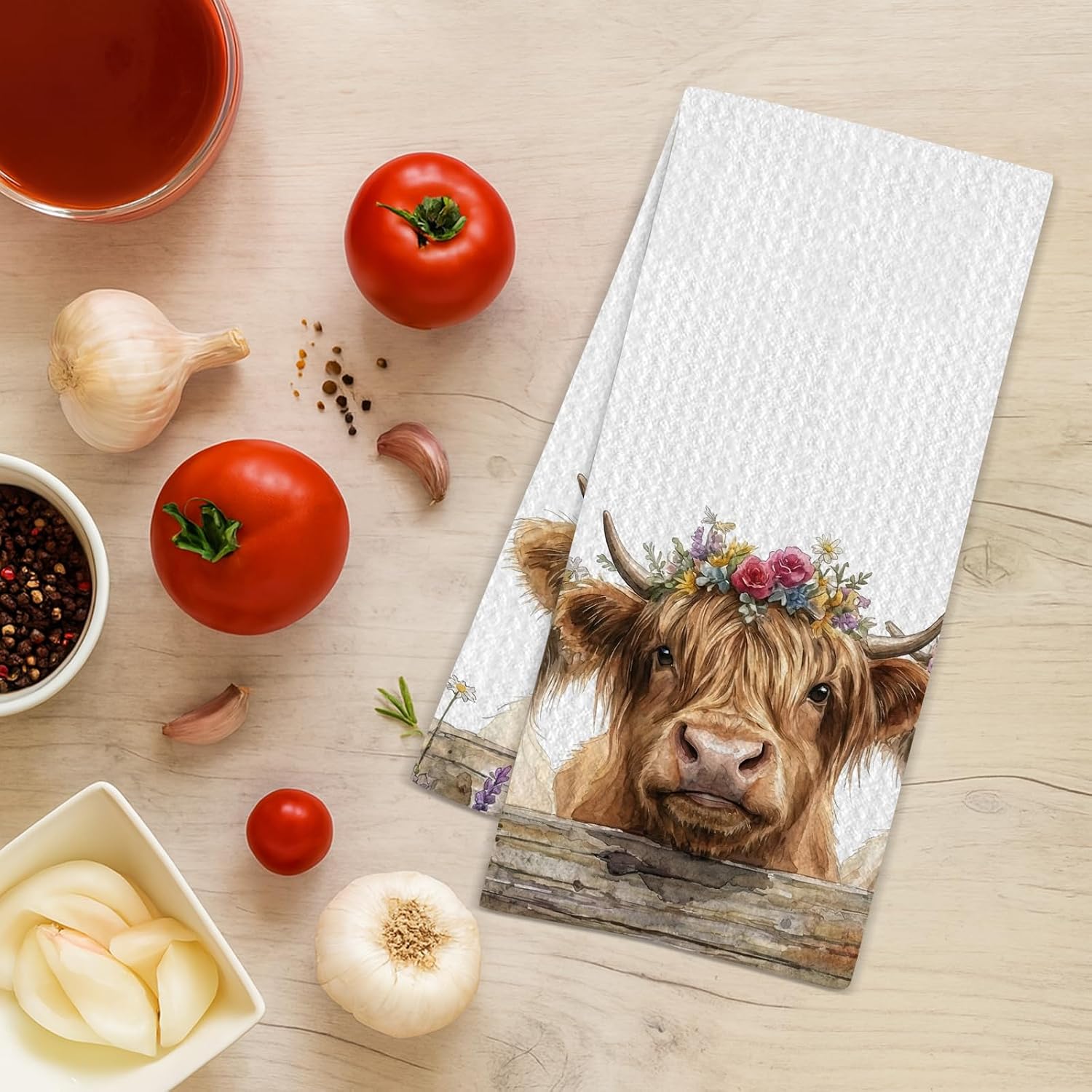 Three Highland Cows Kitchen Towel, Floral Farmhouse Decor, 16x24 Inches image 2